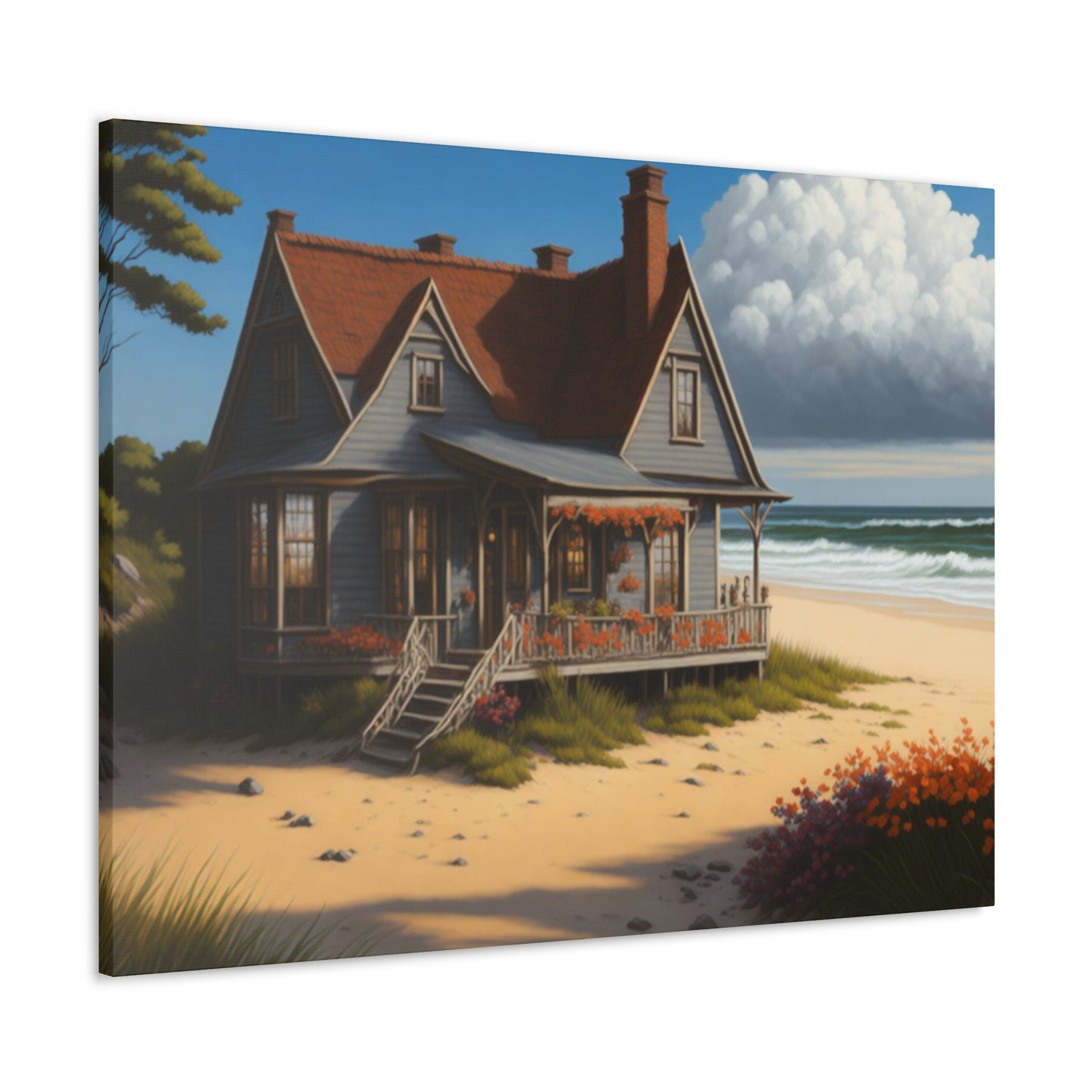 Coastal Retreat: Beach Cottage Canvas Wrap, Idyllic Coastal Landscapes, Serene Ocean Views, and Beachside Escapes, Sand Beaches.