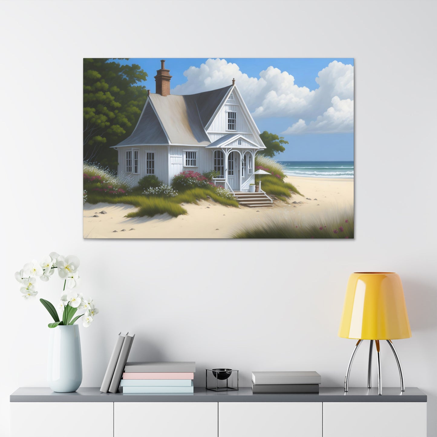 Coastal Retreat: Beach Cottage Canvas Wrap, Idyllic Coastal Landscapes, Serene Ocean Views, and Beachside Escapes, Sand Beaches.