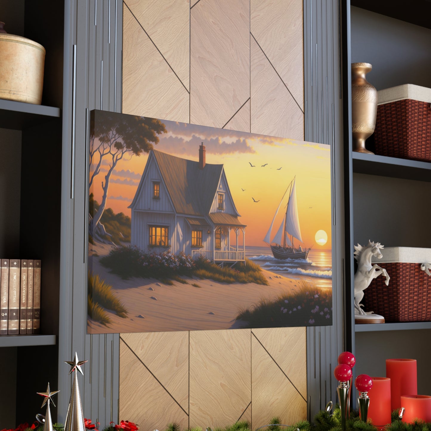 Coastal Retreat: Beach Cottage Canvas Wrap, Idyllic Coastal Landscapes, Serene Ocean Views, and Beachside Escapes, Sandy Beaches.