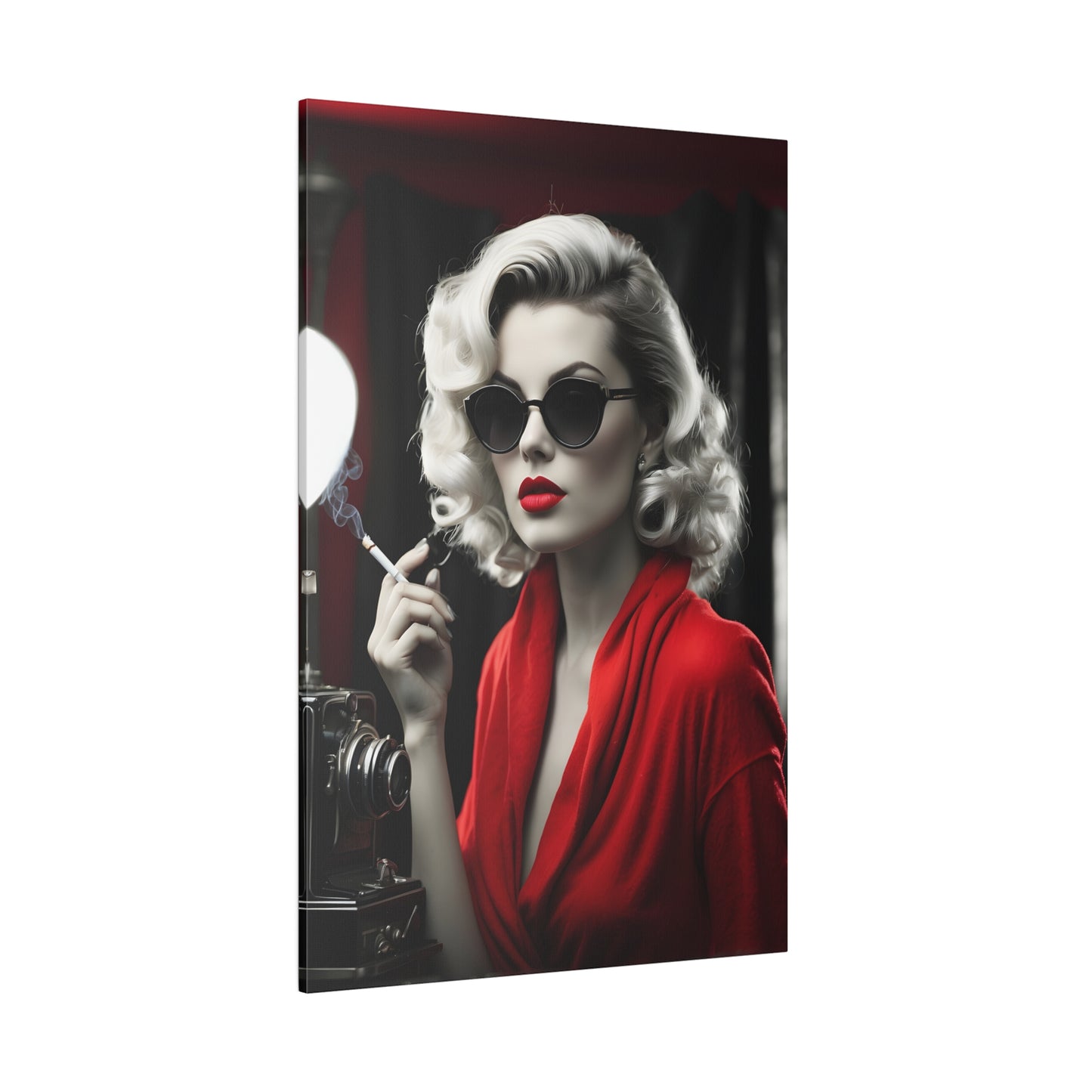 Classic Hollywood Glamour - Timeless Beauty in Red Canvas Print - Vintage-Inspired Starlet with Camera - Available from 8x10 to 32x48 inches