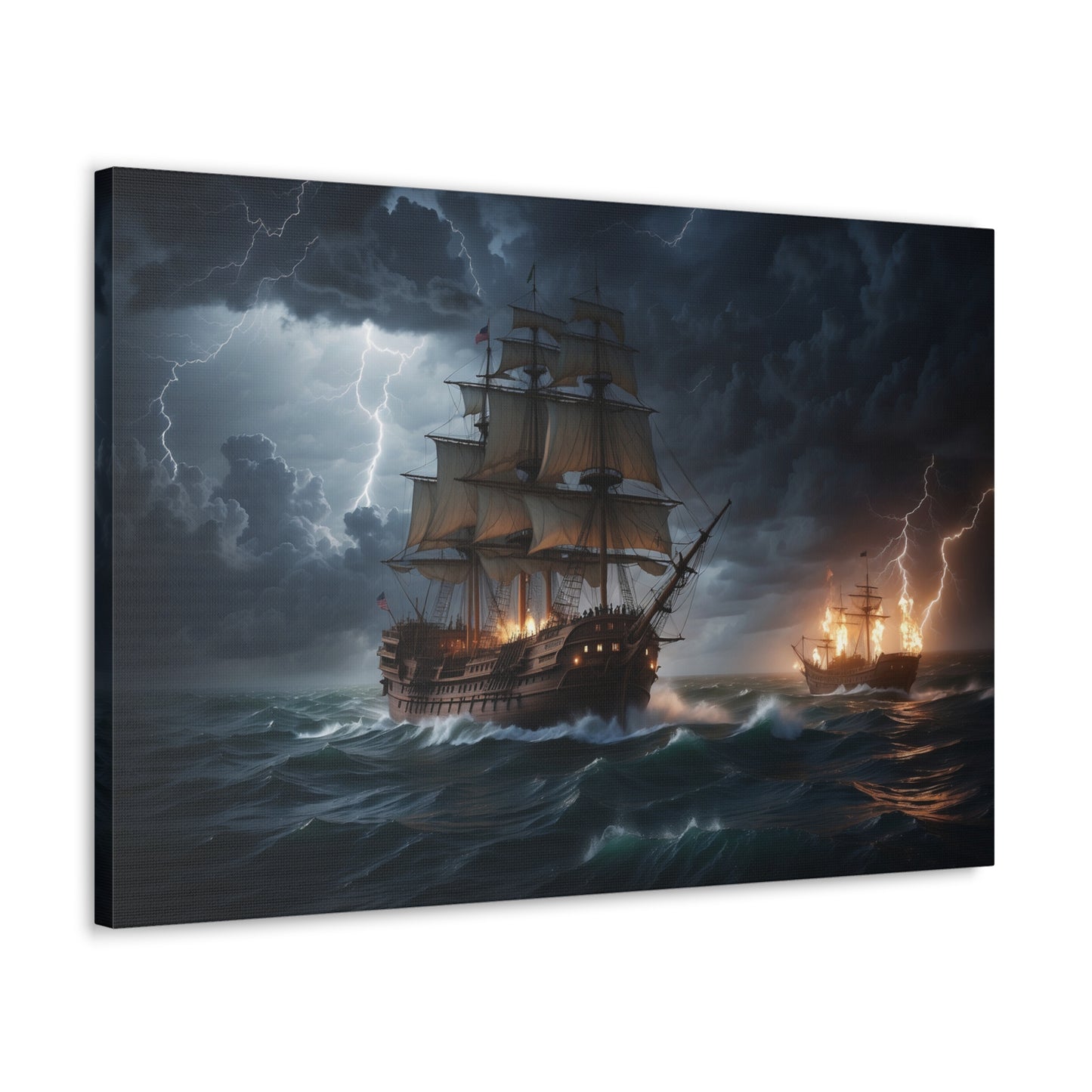 A canvas-wrapped print of a vintage tall ship at sea in battle during a storm. 