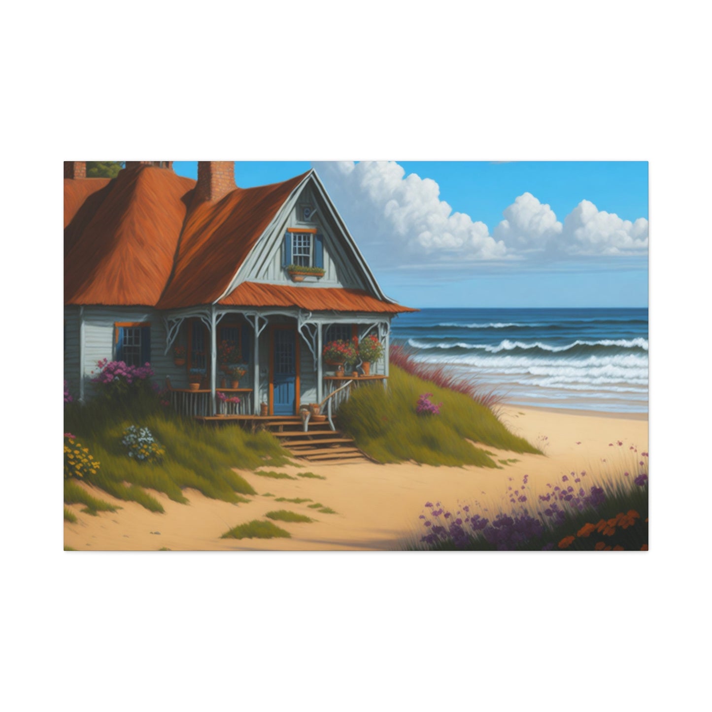 Coastal Retreat: Beach Cottage Canvas Wrap, Idyllic Coastal Landscapes, Serene Ocean Views, and Beachside Escapes, Sand Beaches.