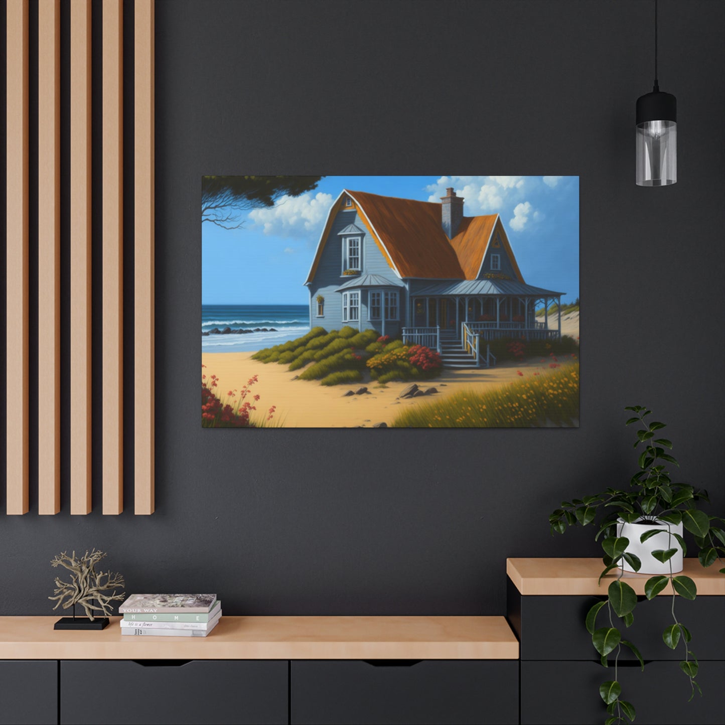 Coastal Retreat: Beach Cottage Canvas Wrap, Idyllic Coastal Landscapes, Serene Ocean Views, and Beachside Escapes, Sand Beaches.