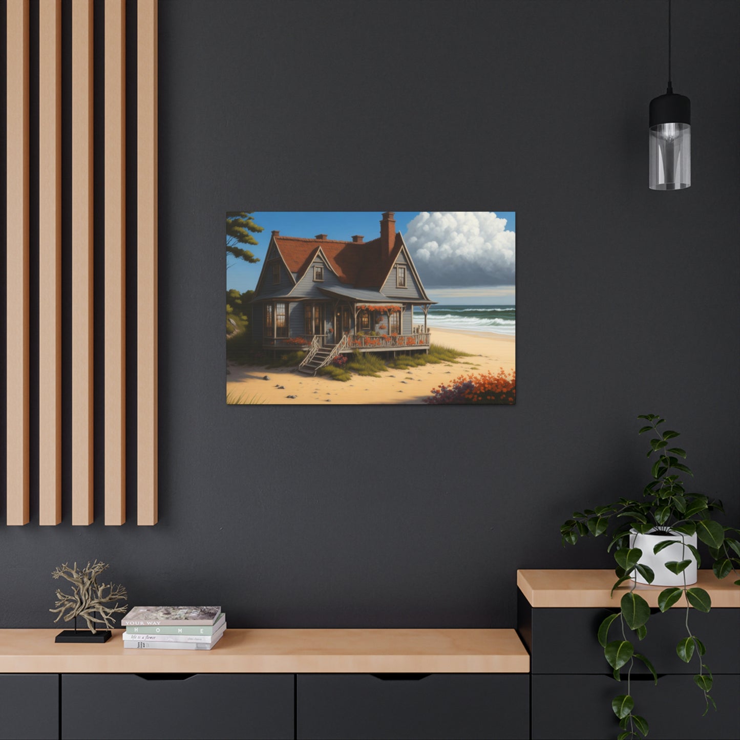 Coastal Retreat: Beach Cottage Canvas Wrap, Idyllic Coastal Landscapes, Serene Ocean Views, and Beachside Escapes, Sand Beaches.