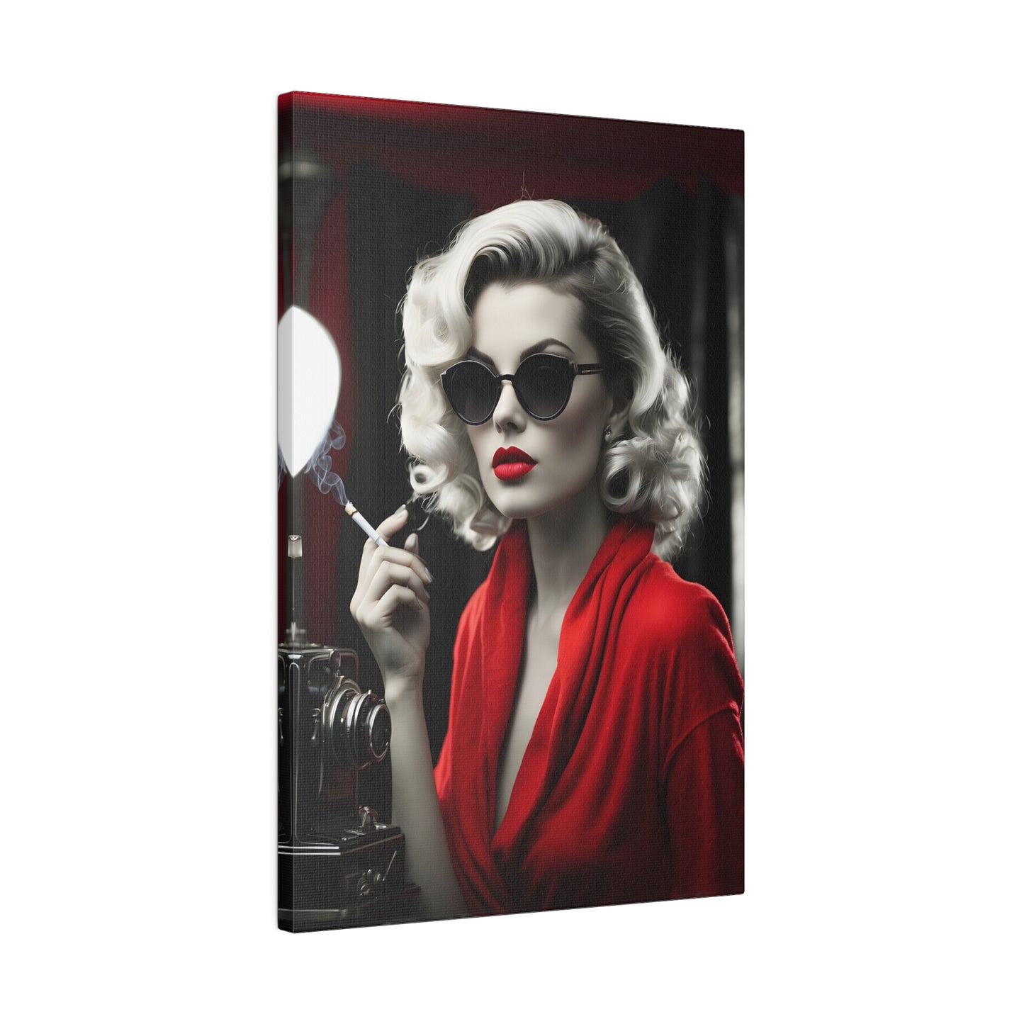 Classic Hollywood Glamour - Timeless Beauty in Red Canvas Print - Vintage-Inspired Starlet with Camera - Available from 8x10 to 32x48 inches