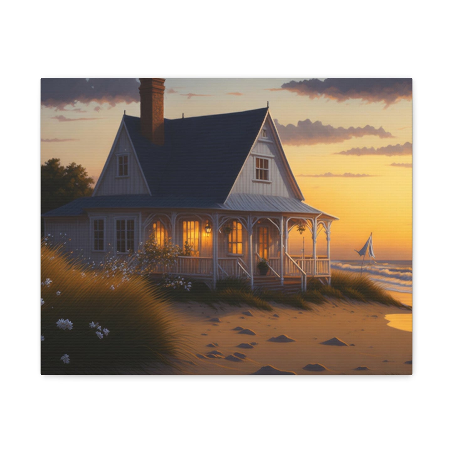 Coastal Retreat: Beach Cottage Canvas Wrap, Idyllic Coastal Landscapes, Serene Ocean Views, and Beachside Escapes, Sand Beaches.