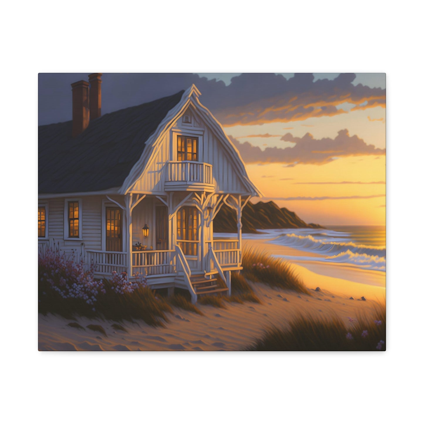 Coastal Retreat: Beach Cottage Canvas Wrap, Idyllic Coastal Landscapes, Serene Ocean Views, and Beachside Escapes, Sand Beaches.