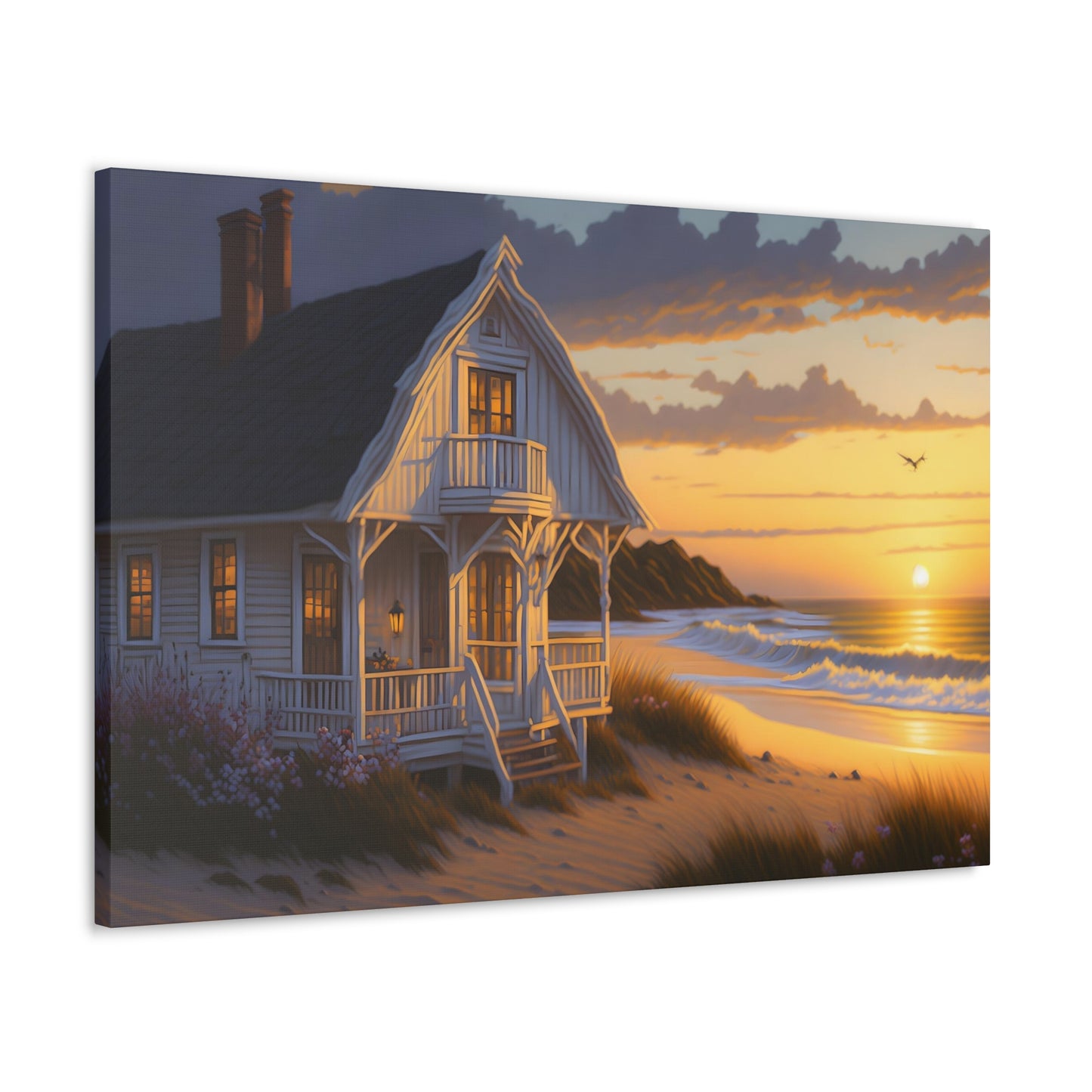 Coastal Retreat: Beach Cottage Canvas Wrap, Idyllic Coastal Landscapes, Serene Ocean Views, and Beachside Escapes, Sand Beaches.