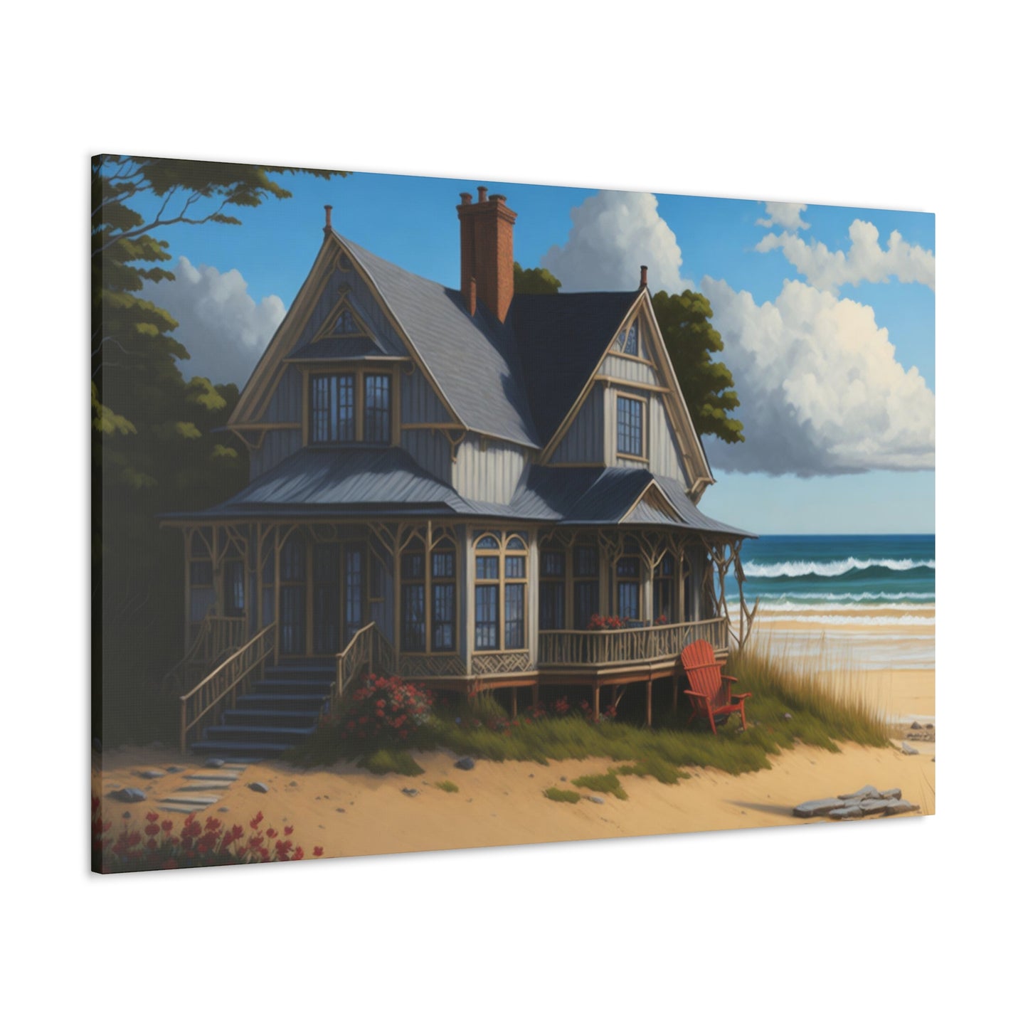 Coastal Retreat: Beach Cottage Canvas Wrap, Idyllic Coastal Landscapes, Serene Ocean Views, and Beachside Escapes, Sand Beaches.