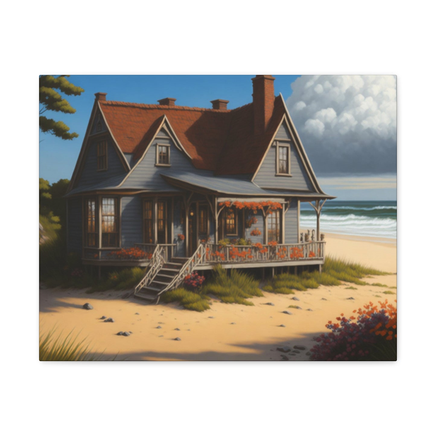 Coastal Retreat: Beach Cottage Canvas Wrap, Idyllic Coastal Landscapes, Serene Ocean Views, and Beachside Escapes, Sand Beaches.