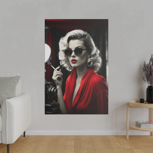 Classic Hollywood Glamour - Timeless Beauty in Red Canvas Print - Vintage-Inspired Starlet with Camera - Available from 8x10 to 32x48 inches