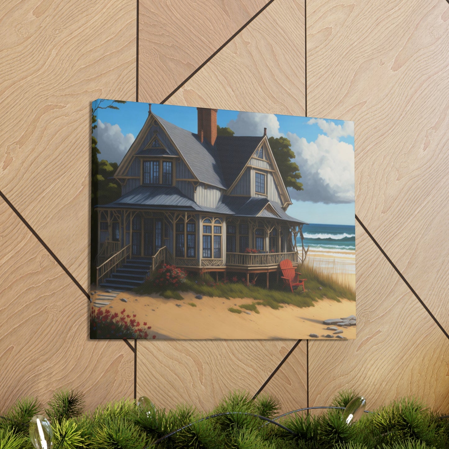 Coastal Retreat: Beach Cottage Canvas Wrap, Idyllic Coastal Landscapes, Serene Ocean Views, and Beachside Escapes, Sand Beaches.