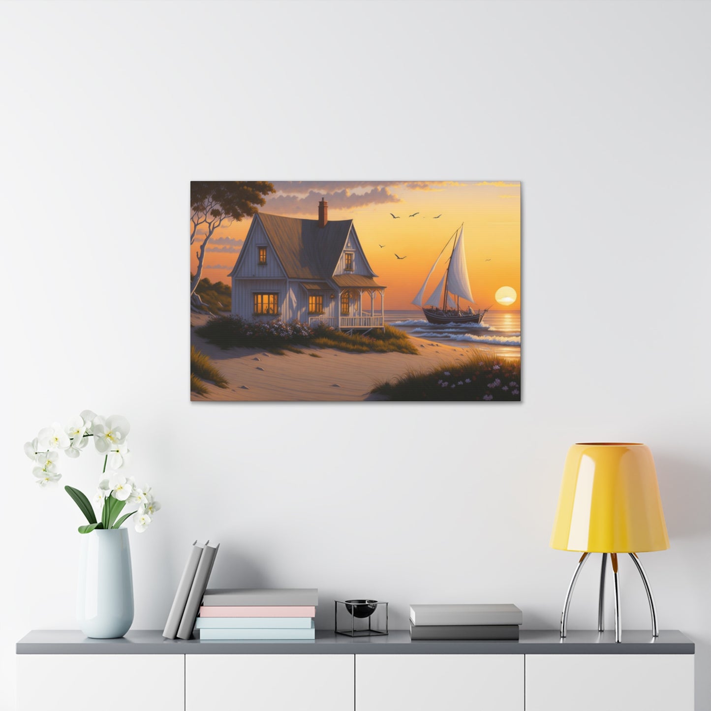 Coastal Retreat: Beach Cottage Canvas Wrap, Idyllic Coastal Landscapes, Serene Ocean Views, and Beachside Escapes, Sandy Beaches.