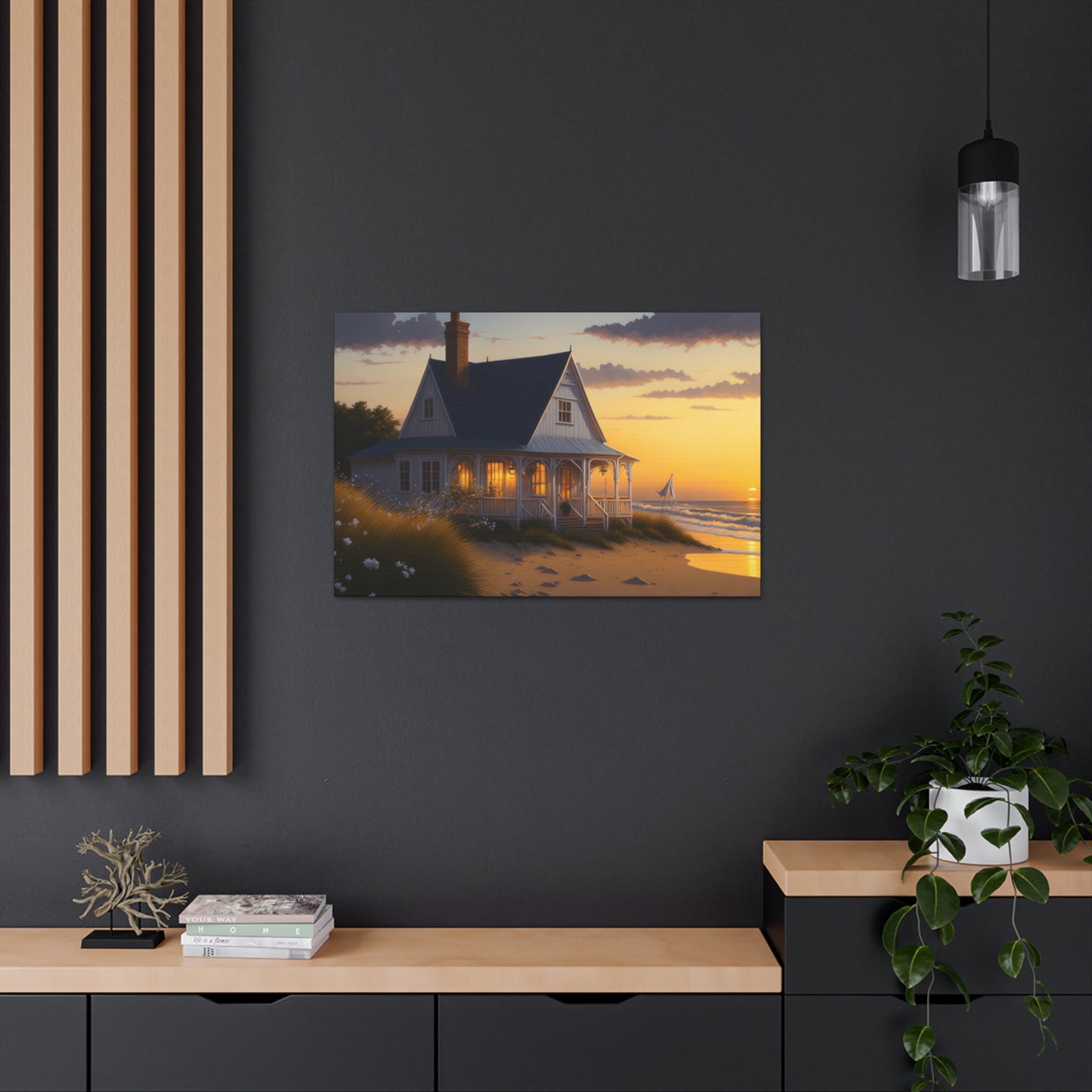 Coastal Retreat: Beach Cottage Canvas Wrap, Idyllic Coastal Landscapes, Serene Ocean Views, and Beachside Escapes, Sand Beaches.