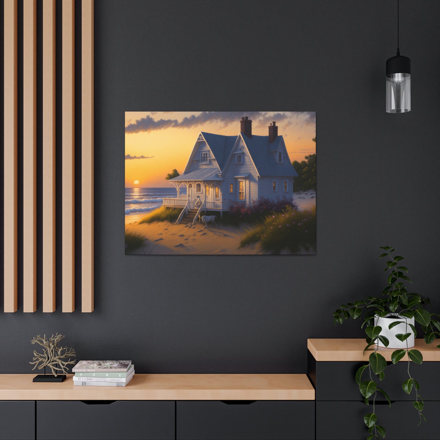 Coastal Retreat: Beach Cottage Canvas Wrap, Idyllic Coastal Landscapes, Serene Ocean Views, and Beachside Escapes, Sandy Beaches.