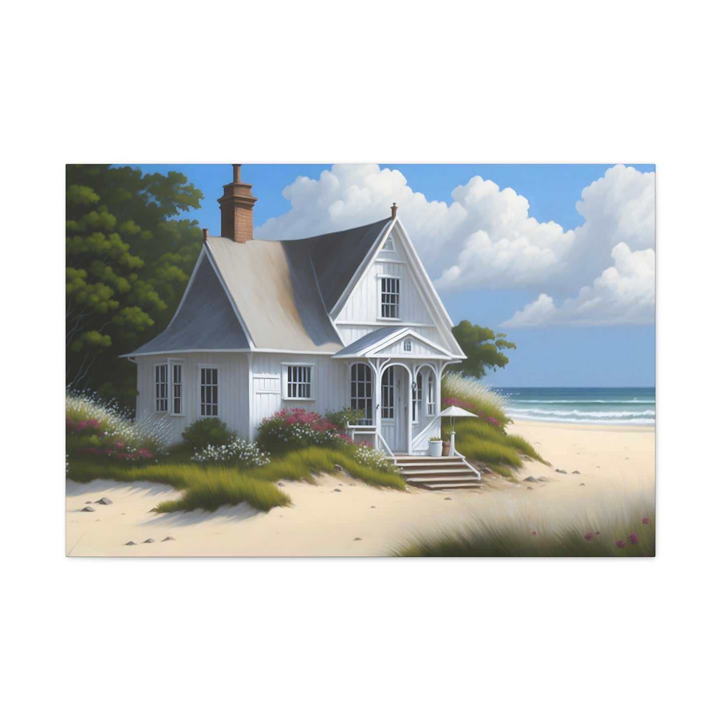 Coastal Retreat: Beach Cottage Canvas Wrap, Idyllic Coastal Landscapes, Serene Ocean Views, and Beachside Escapes, Sand Beaches.