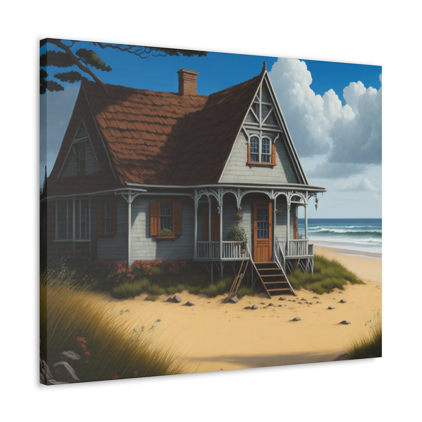 Coastal Retreat: Beach Cottage Canvas Wrap, Idyllic Coastal Landscapes, Serene Ocean Views, and Beachside Escapes, Sand Beaches.