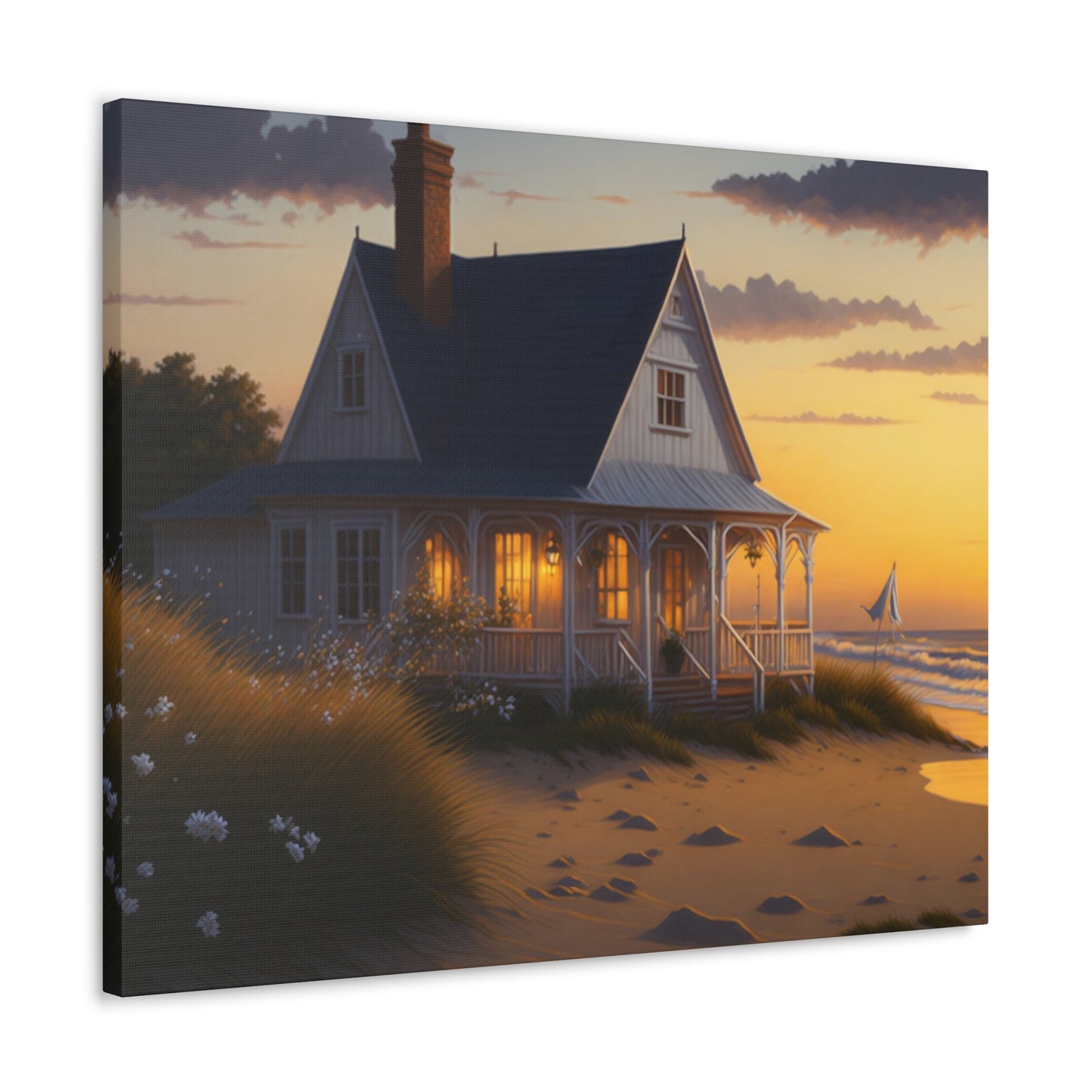 Coastal Retreat: Beach Cottage Canvas Wrap, Idyllic Coastal Landscapes, Serene Ocean Views, and Beachside Escapes, Sand Beaches.