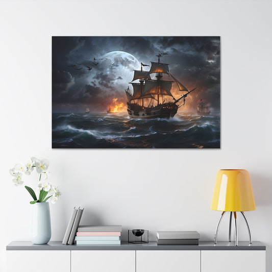 Pirate Ship Battle Storm Canvas Print - Epic Sea Fight Wall Art, Dramatic Ocean Decor, Historical Naval Scene, High-Definition Print