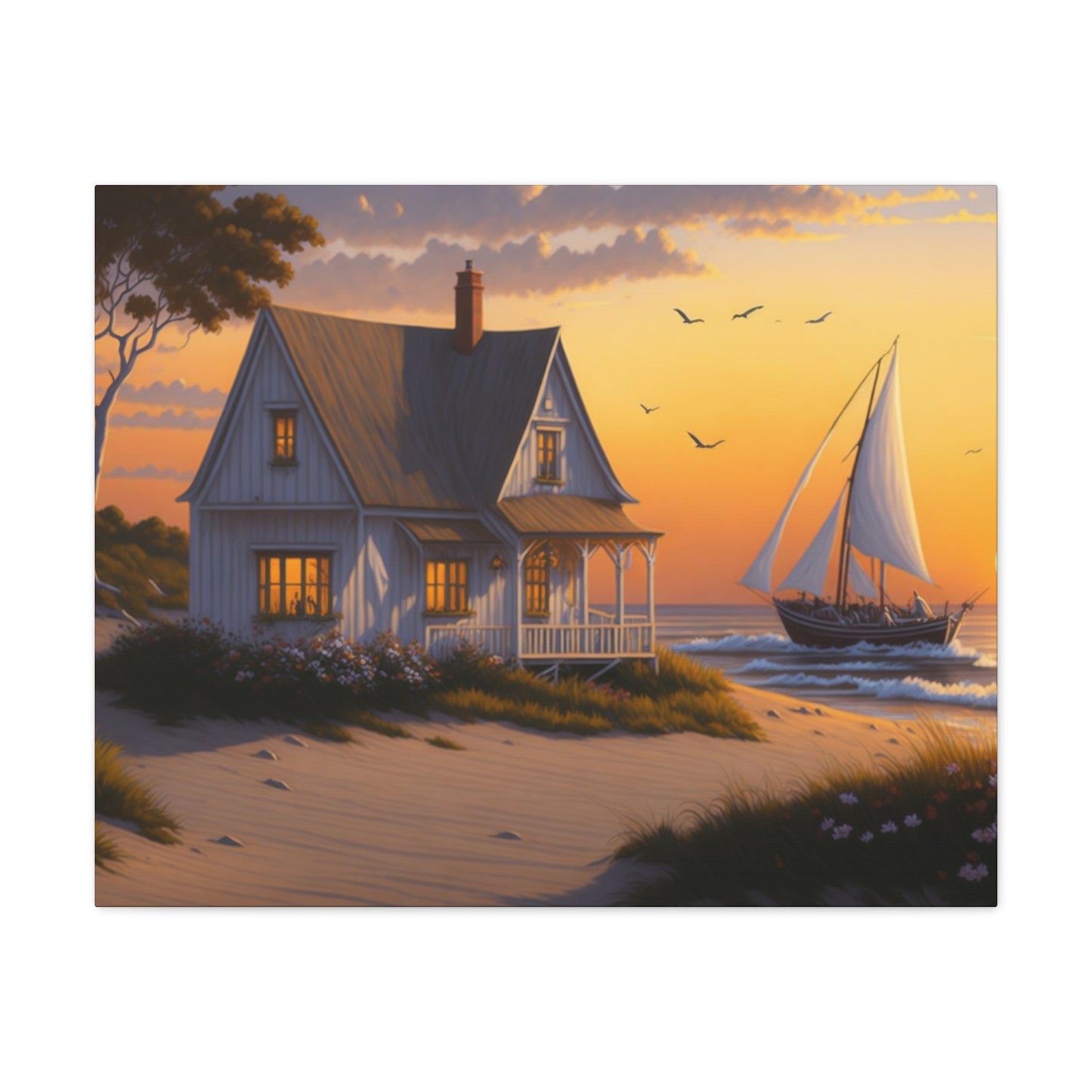 Coastal Retreat: Beach Cottage Canvas Wrap, Idyllic Coastal Landscapes, Serene Ocean Views, and Beachside Escapes, Sandy Beaches.