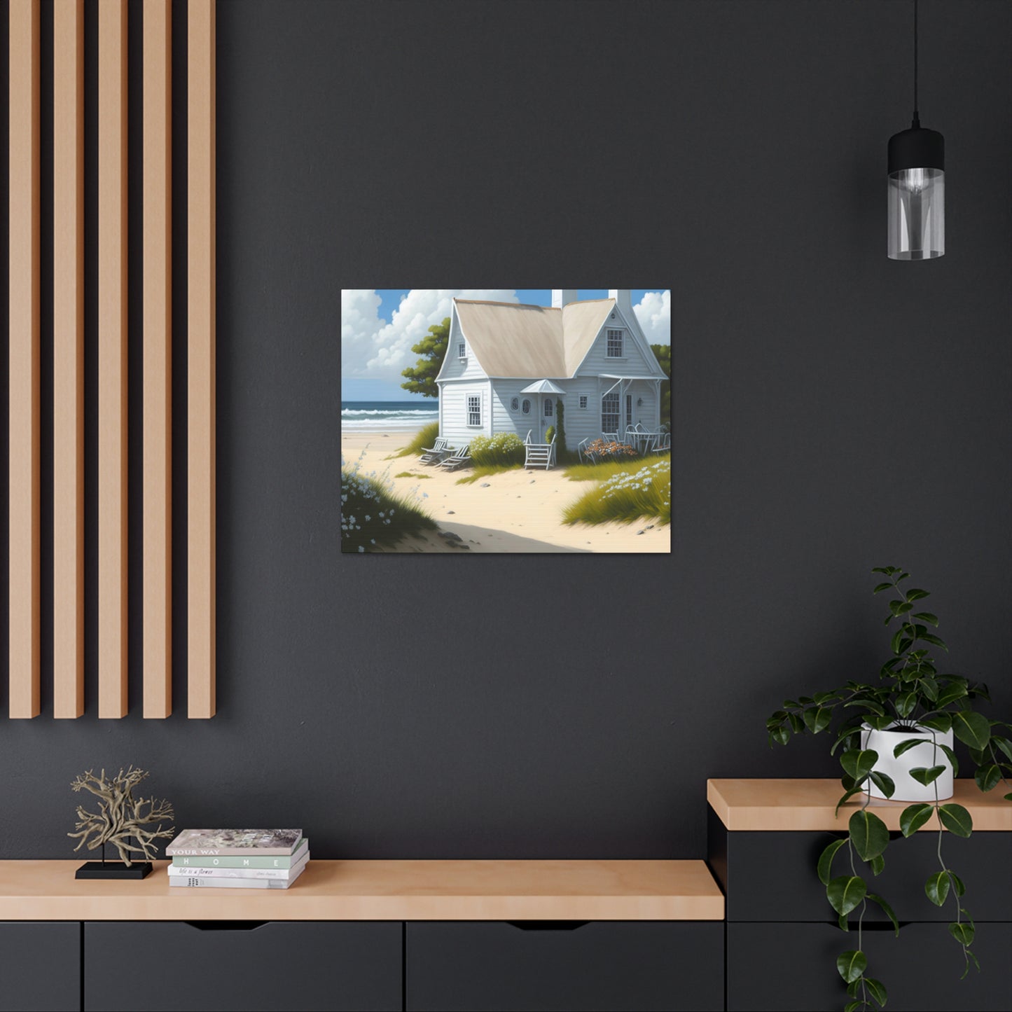 Coastal Retreat: Beach Cottage Canvas Wrap, Idyllic Coastal Landscapes, Serene Ocean Views, and Beachside Escapes, Sand Beaches.