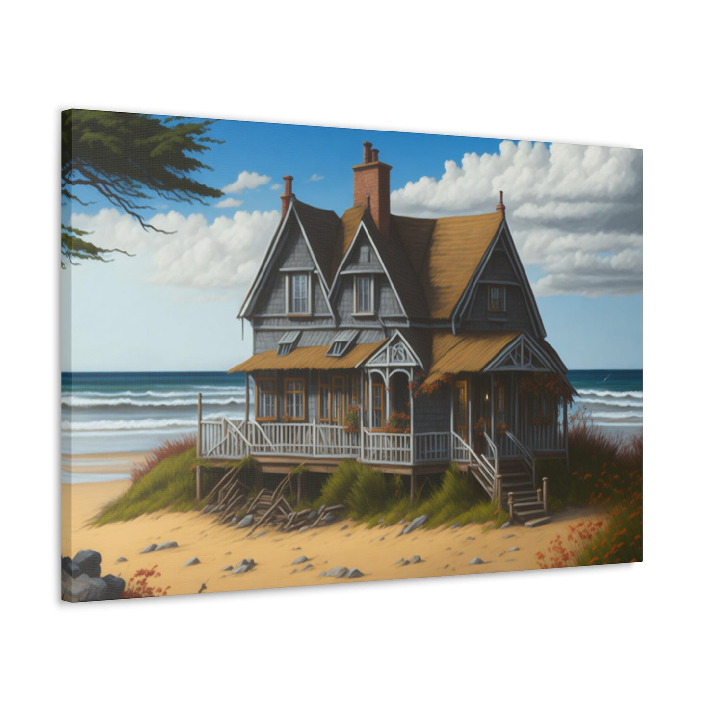 Coastal Retreat: Beach Cottage Canvas Wrap, Idyllic Coastal Landscapes, Serene Ocean Views, and Beachside Escapes, Sand Beaches.