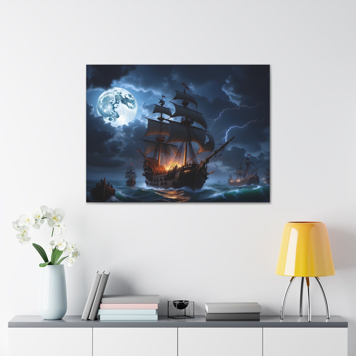 Vintage Naval Battle Canvas Print - Epic Sea Warfare with Tall Ships in Storm, Lightning Seascape Art, Gift for Historic Ship Fan