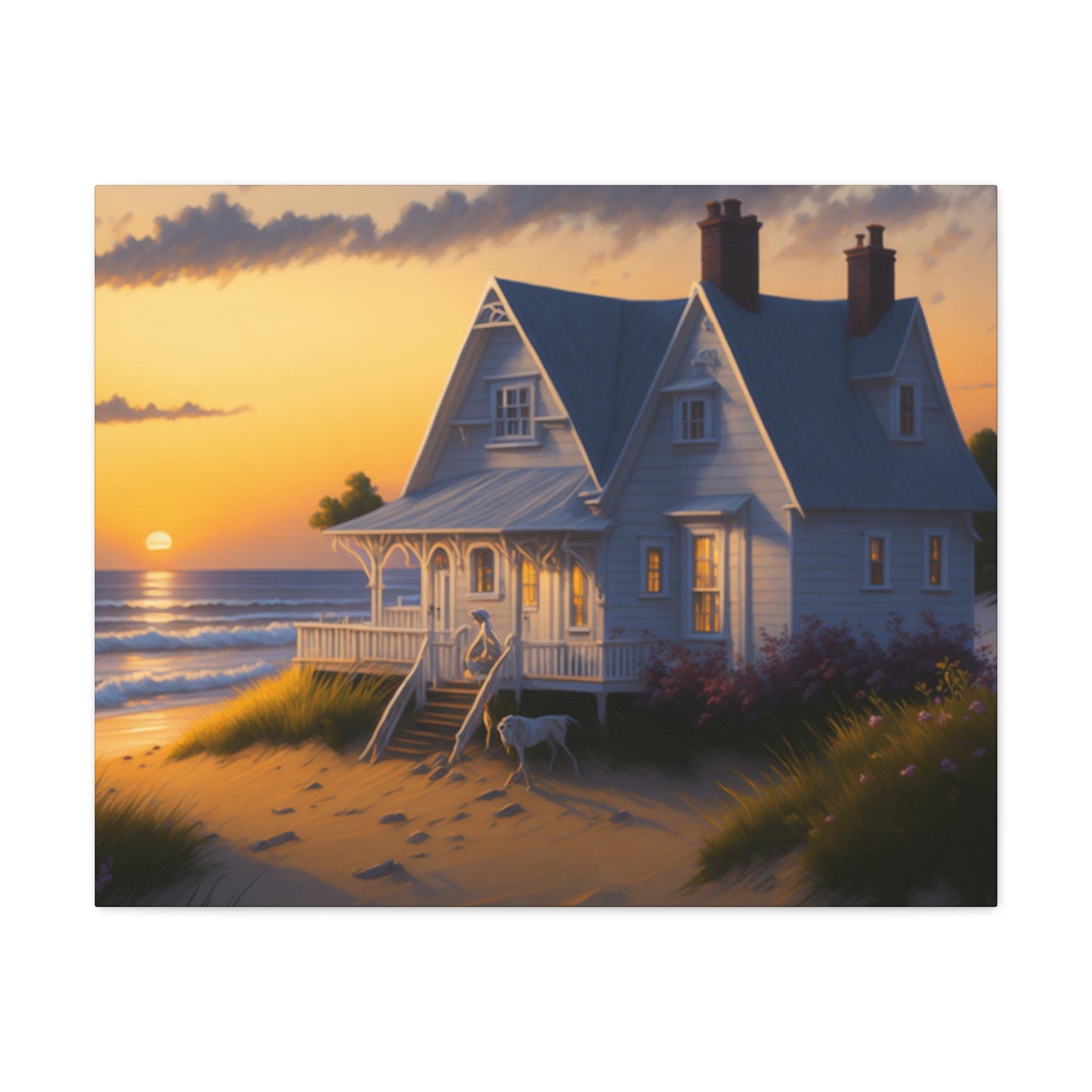 Coastal Retreat: Beach Cottage Canvas Wrap, Idyllic Coastal Landscapes, Serene Ocean Views, and Beachside Escapes, Sandy Beaches.