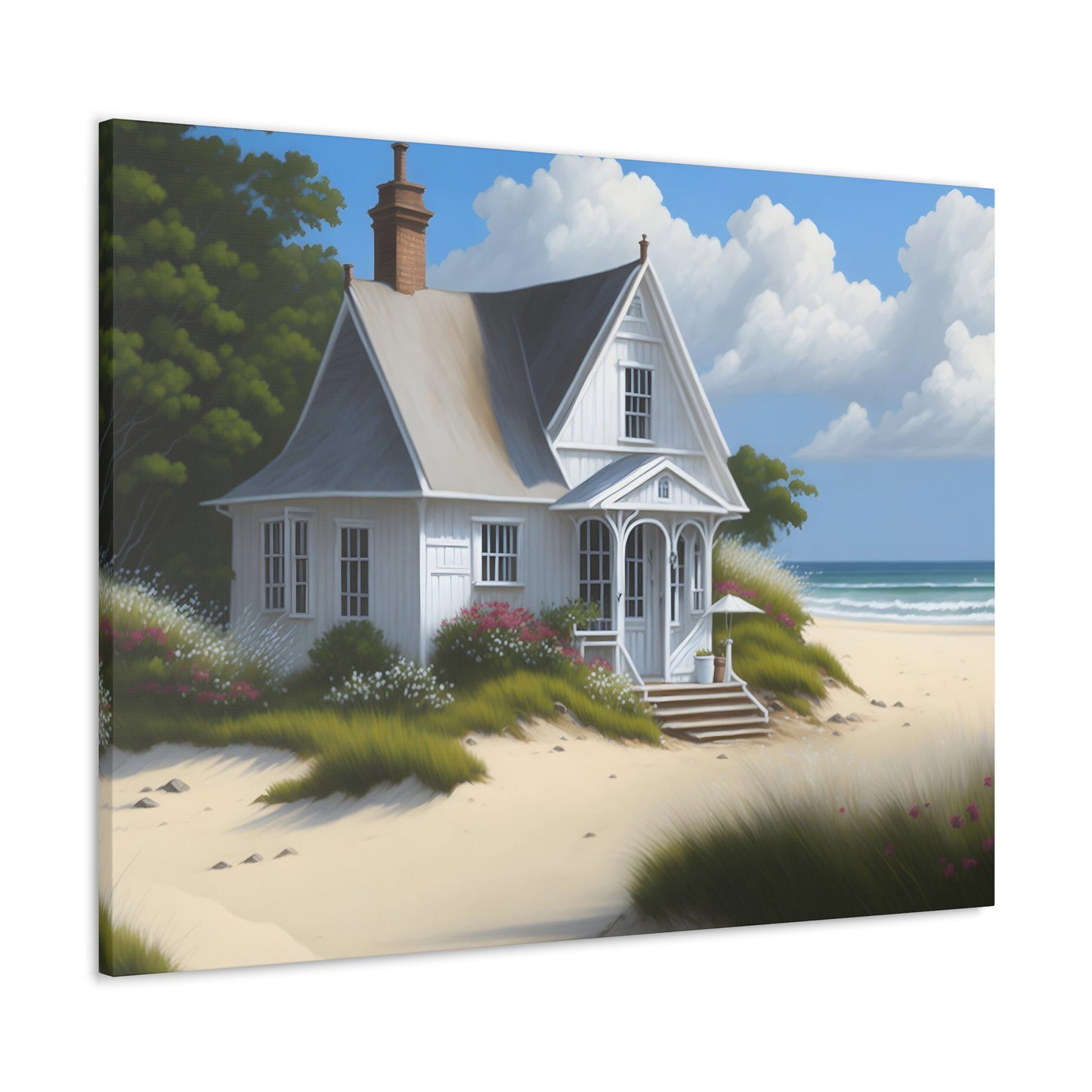 Coastal Retreat: Beach Cottage Canvas Wrap, Idyllic Coastal Landscapes, Serene Ocean Views, and Beachside Escapes, Sand Beaches.