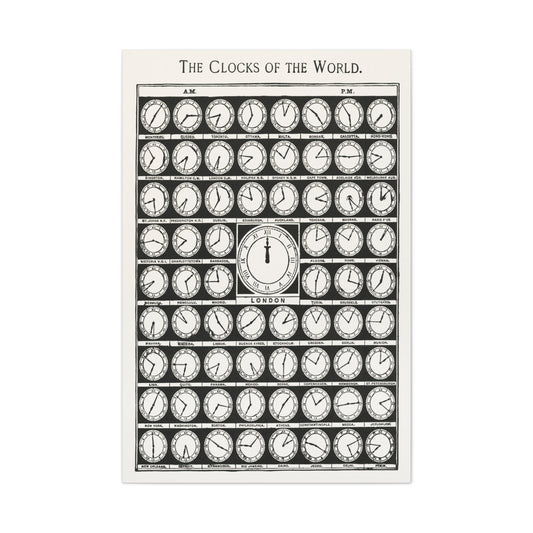 Clocks of the World Canvas Wrap Print, Vintage Time Zone Poster in Black and White, Ideal for Office Decor, Perfect Gift for Travelers