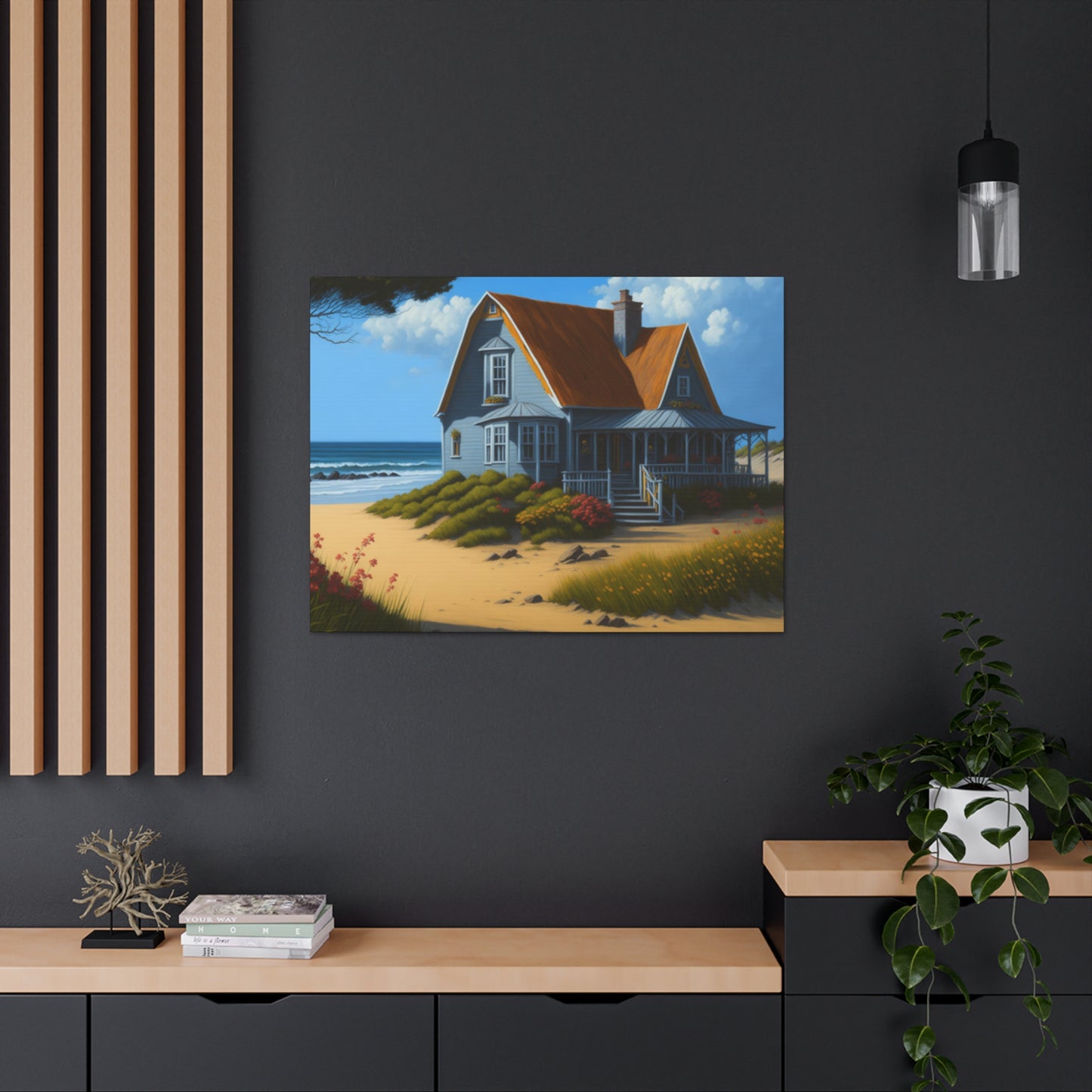 Coastal Retreat: Beach Cottage Canvas Wrap, Idyllic Coastal Landscapes, Serene Ocean Views, and Beachside Escapes, Sand Beaches.