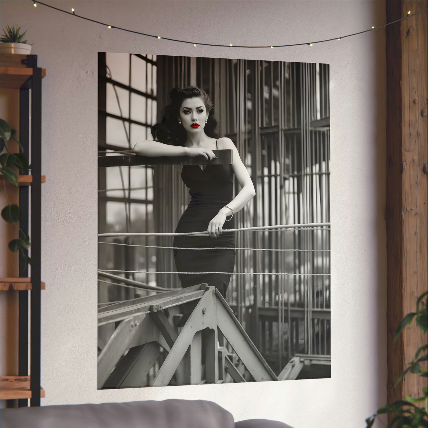 1950s-Inspired Monochrome Model Poster with Bold Red Lips - Retro Pin-Up Wall Art for Vintage Fashion Enthusiasts, Black and White Print