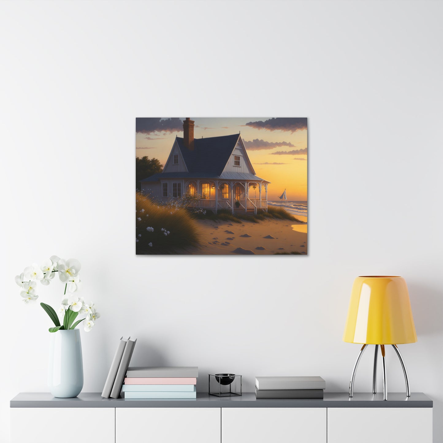 Coastal Retreat: Beach Cottage Canvas Wrap, Idyllic Coastal Landscapes, Serene Ocean Views, and Beachside Escapes, Sand Beaches.