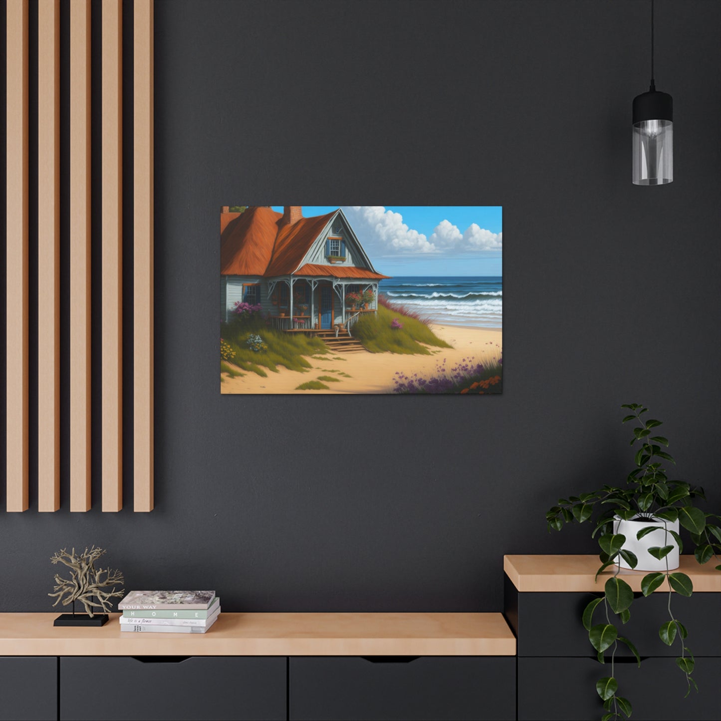 Coastal Retreat: Beach Cottage Canvas Wrap, Idyllic Coastal Landscapes, Serene Ocean Views, and Beachside Escapes, Sand Beaches.