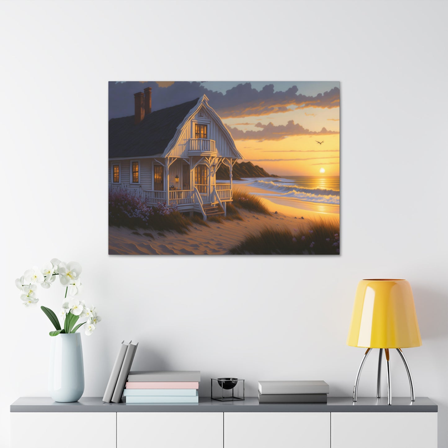 Coastal Retreat: Beach Cottage Canvas Wrap, Idyllic Coastal Landscapes, Serene Ocean Views, and Beachside Escapes, Sand Beaches.