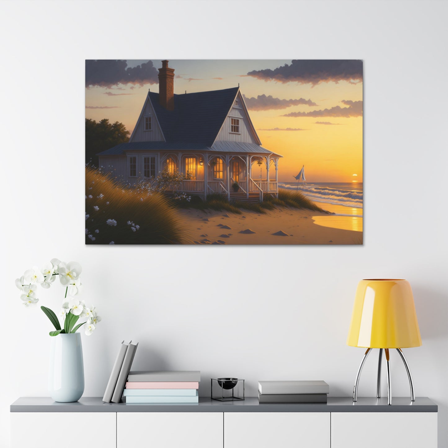 Coastal Retreat: Beach Cottage Canvas Wrap, Idyllic Coastal Landscapes, Serene Ocean Views, and Beachside Escapes, Sand Beaches.