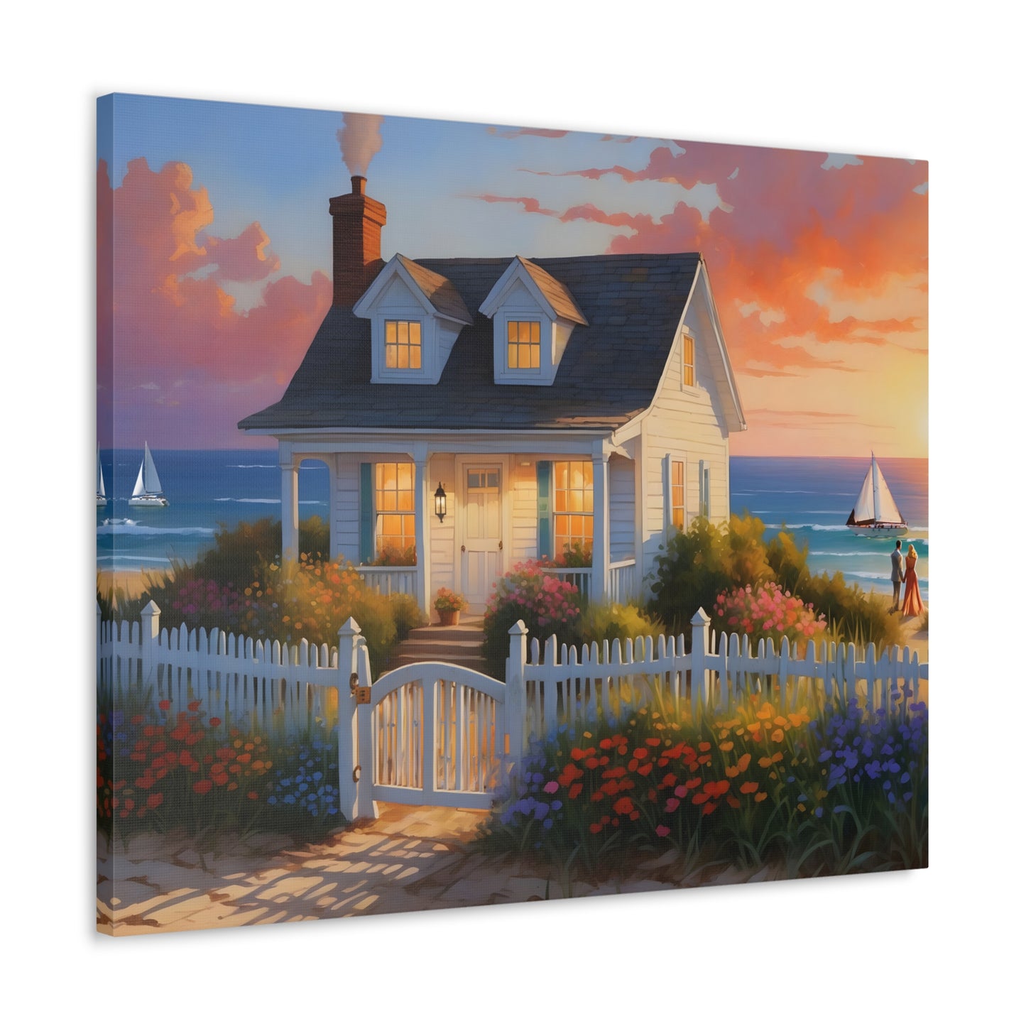 Sunset Beach Cottage Canvas Print | Coastal Wall Art | Six Sizes Available | Perfect for Home Décor | Ocean Painting | Seaside Retreat