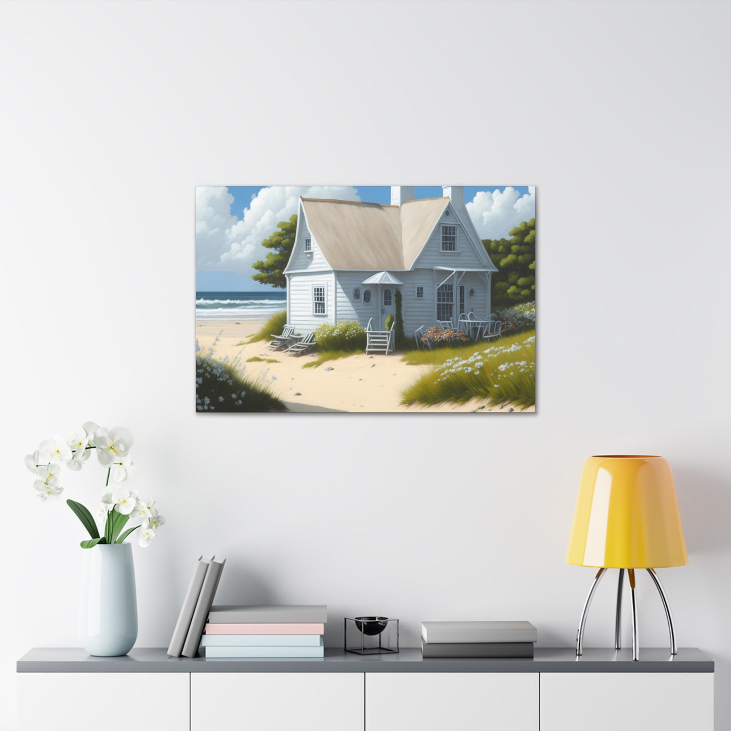 Coastal Retreat: Beach Cottage Canvas Wrap, Idyllic Coastal Landscapes, Serene Ocean Views, and Beachside Escapes, Sand Beaches.