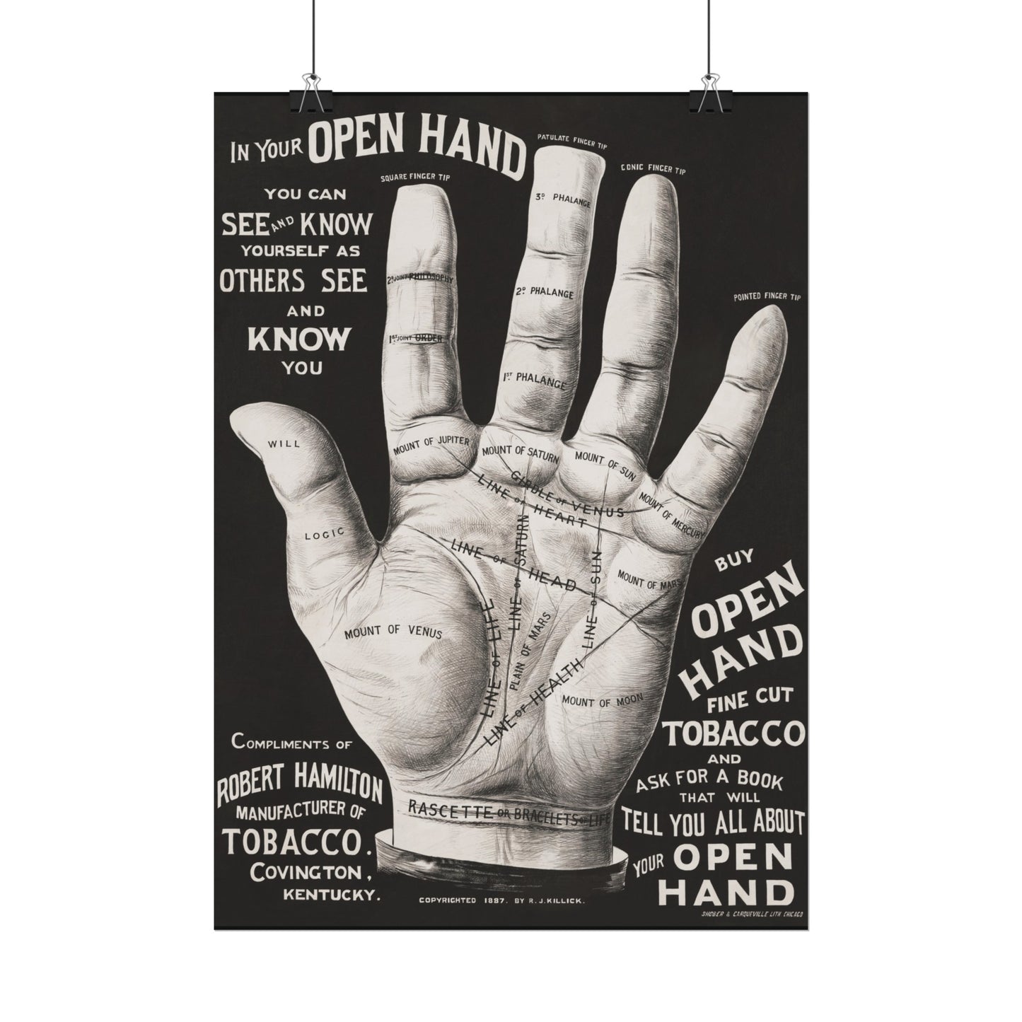 Vintage Palmistry Hand Poster | Open Hand Fine Cut Tobacco | Five Sizes Available | Retro Wall Art | Occult Décor | 1887 Advertisement