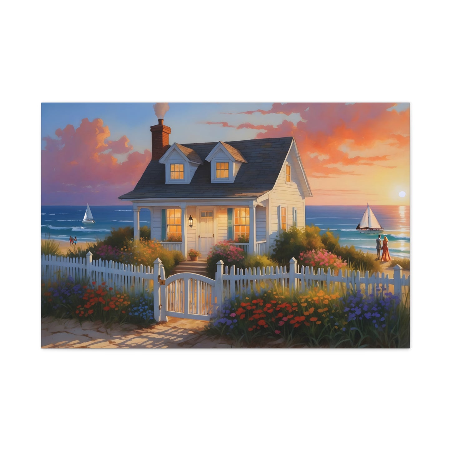 Sunset Beach Cottage Canvas Print | Coastal Wall Art | Six Sizes Available | Perfect for Home Décor | Ocean Painting | Seaside Retreat