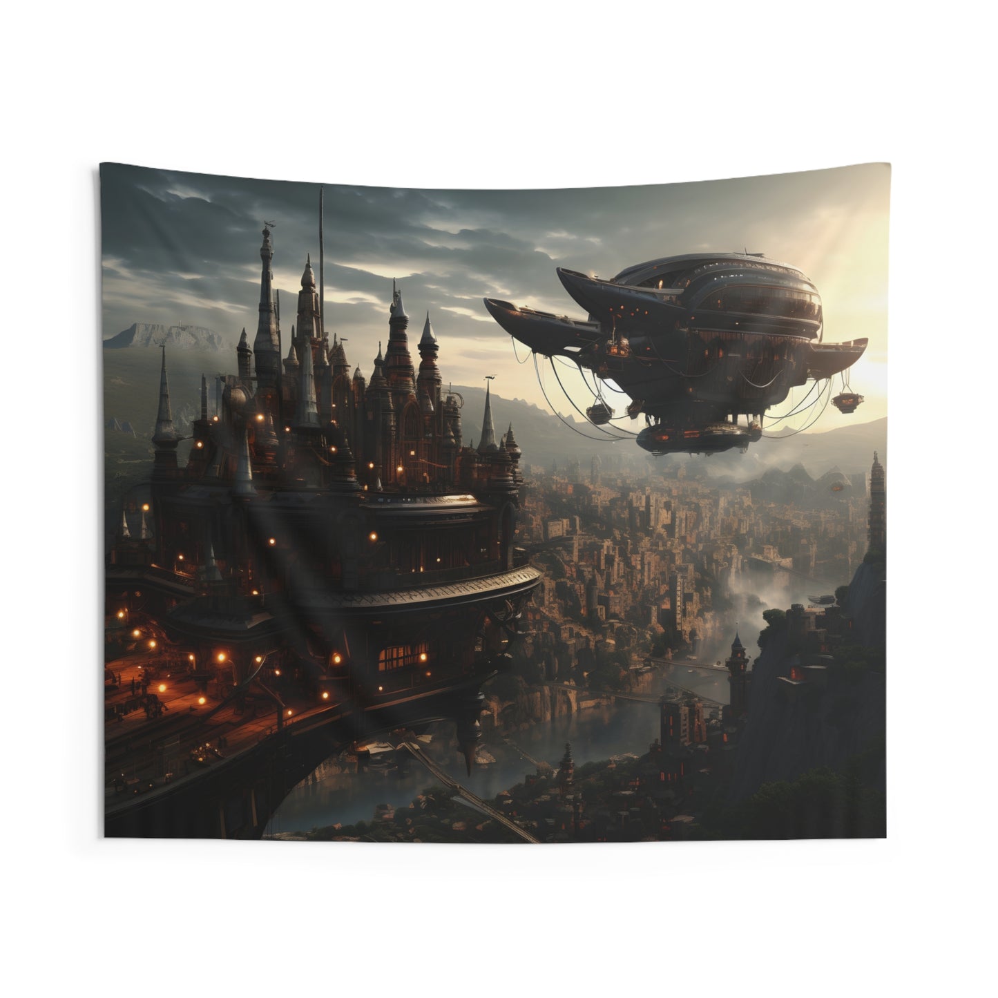 Dystopian Sunset Tapestry with Steampunk Airship, Surreal City Wall Decor, Aesthetic Room Accent, Creative Graduation Gift