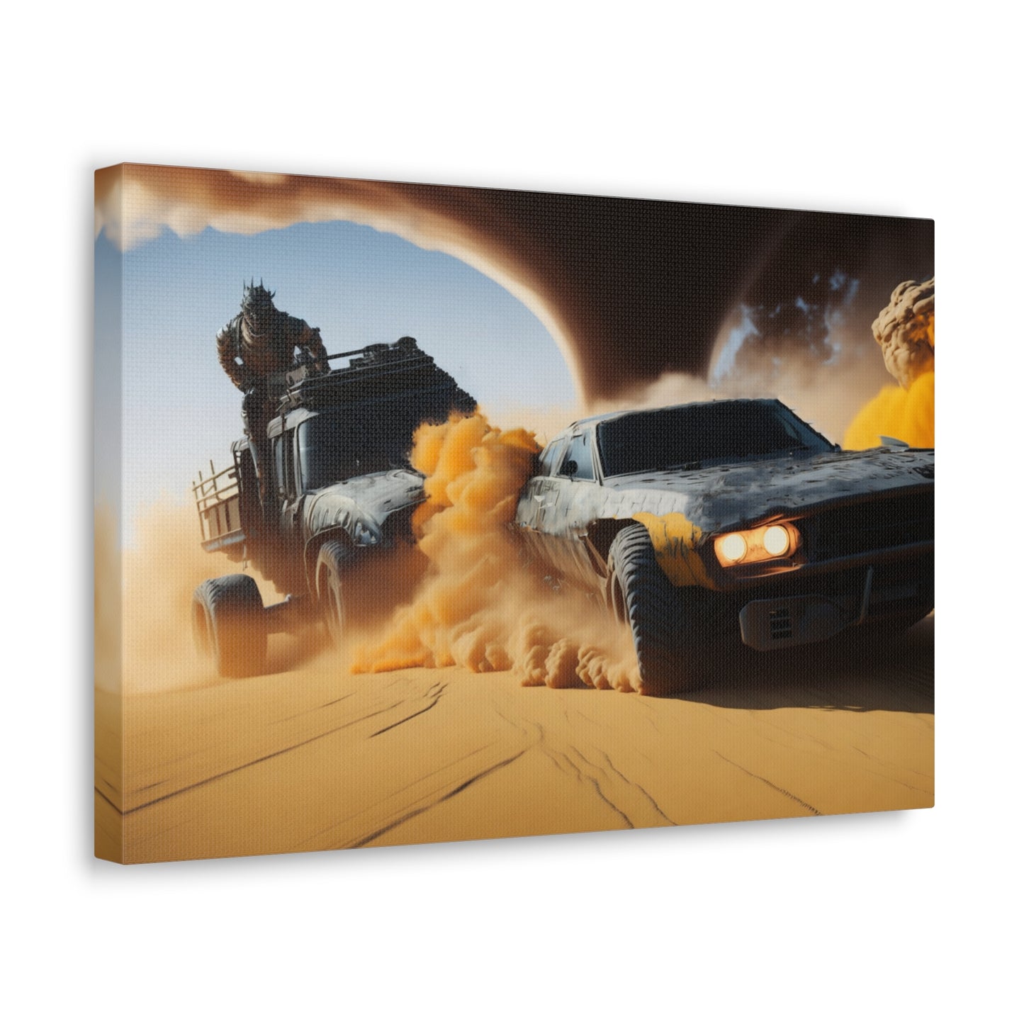 Apocalyptic Desert Chase Canvas Wall Art, Mad Max Style Vehicle Duel with Twister, Bold Living Room Decor, Adventure Seeker Gift