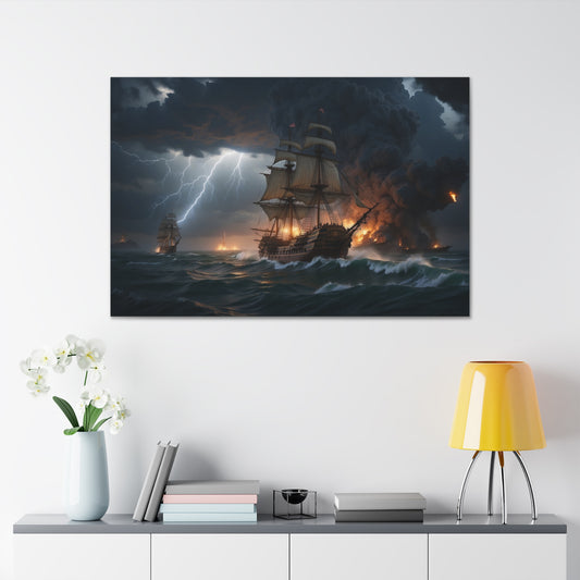 A canvas-wrapped print with vintage tall ships in battle at sea during a storm. 