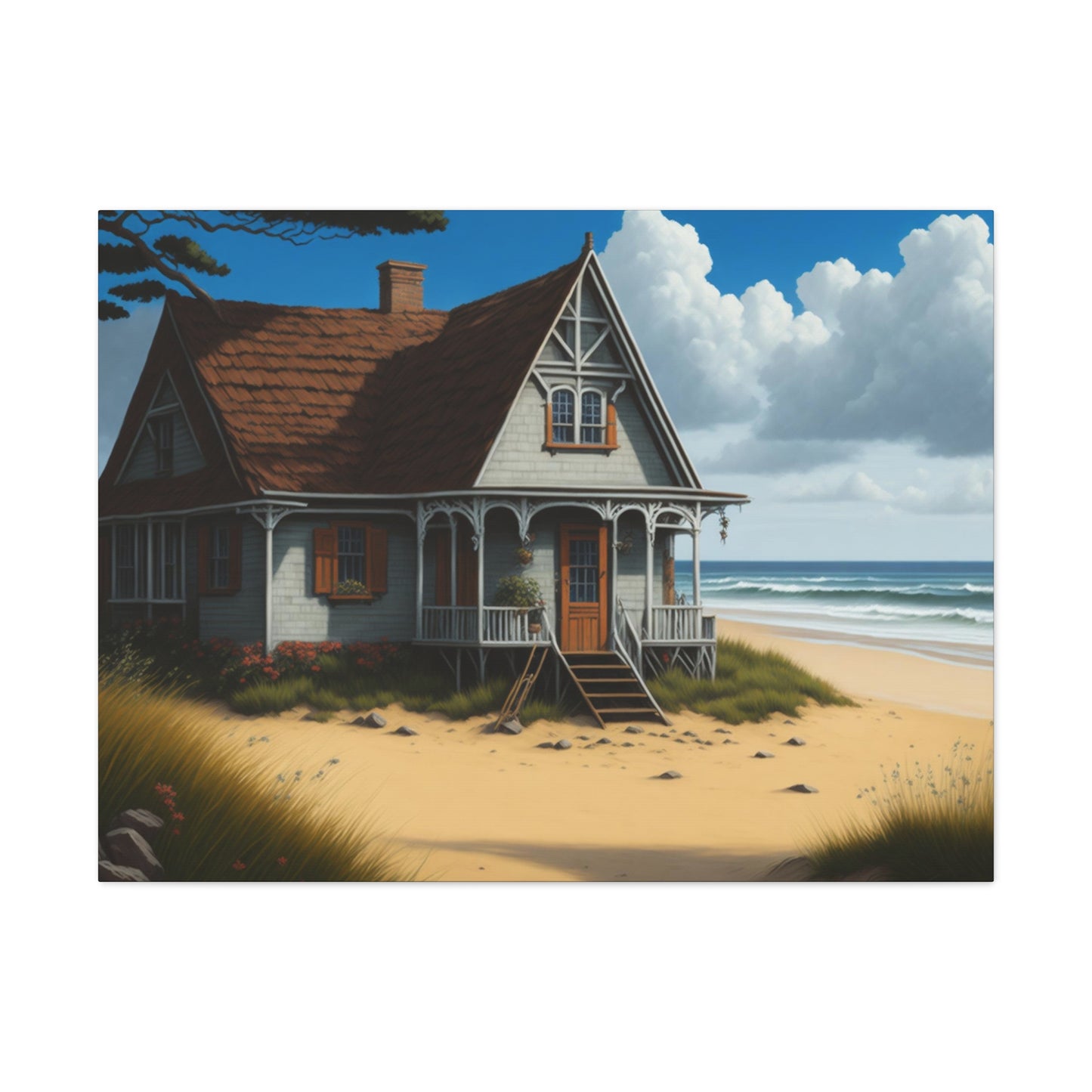 Coastal Retreat: Beach Cottage Canvas Wrap, Idyllic Coastal Landscapes, Serene Ocean Views, and Beachside Escapes, Sand Beaches.