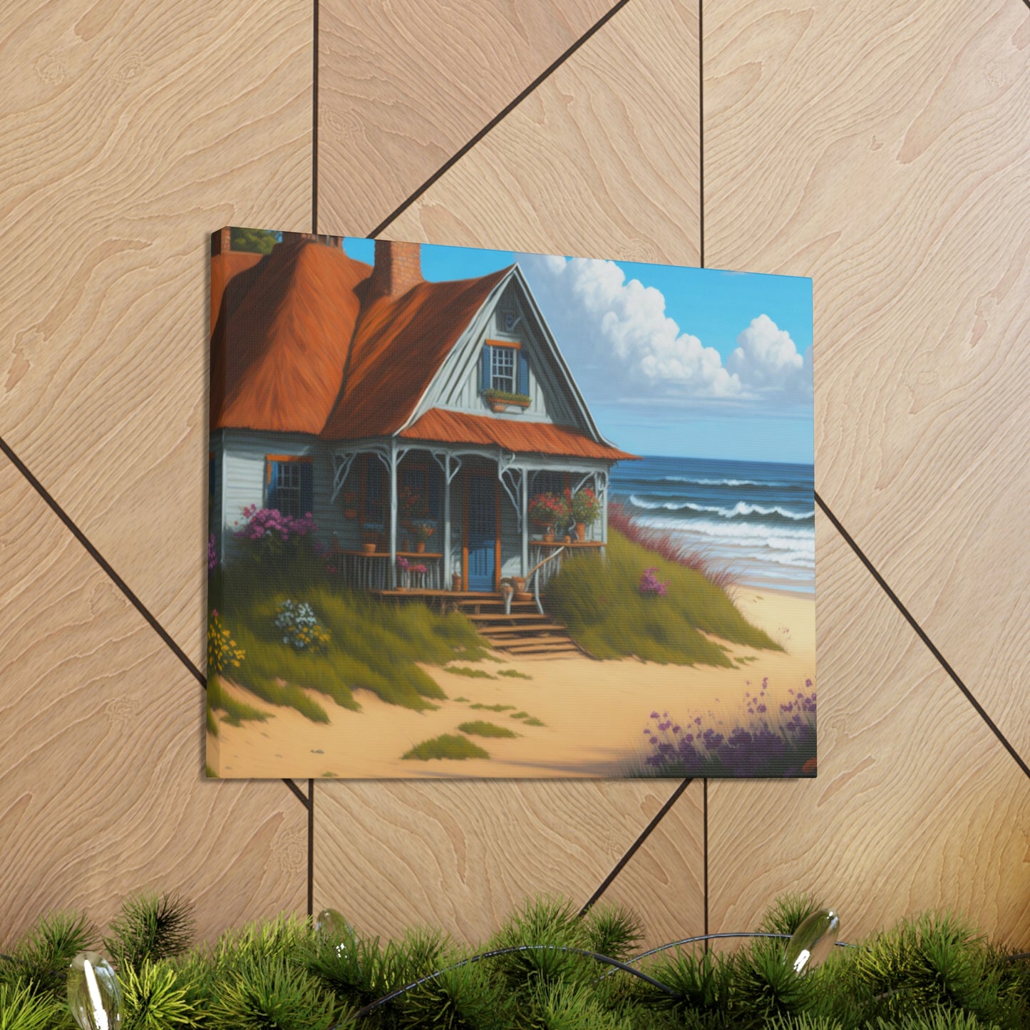 Coastal Retreat: Beach Cottage Canvas Wrap, Idyllic Coastal Landscapes, Serene Ocean Views, and Beachside Escapes, Sand Beaches.