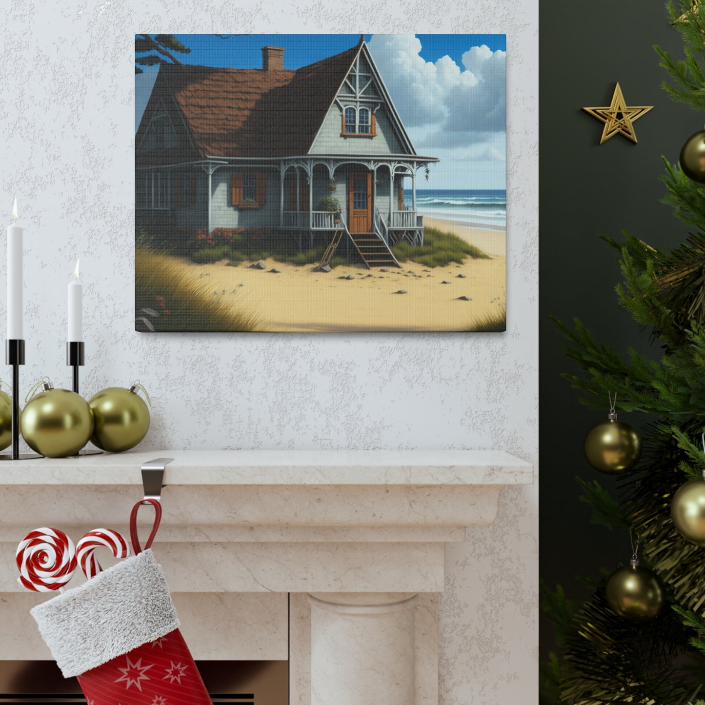 Coastal Retreat: Beach Cottage Canvas Wrap, Idyllic Coastal Landscapes, Serene Ocean Views, and Beachside Escapes, Sand Beaches.