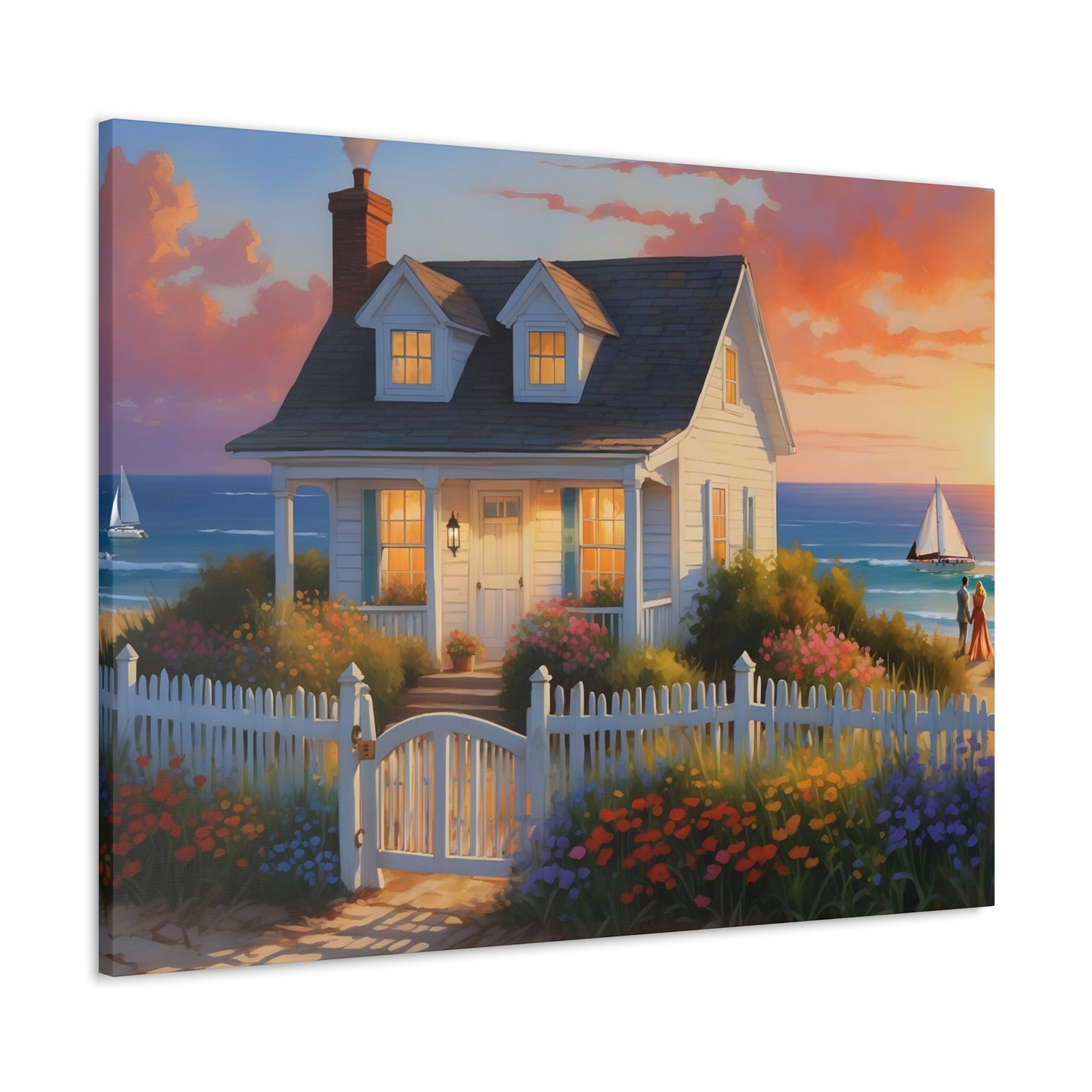 Sunset Beach Cottage Canvas Print | Coastal Wall Art | Six Sizes Available | Perfect for Home Décor | Ocean Painting | Seaside Retreat