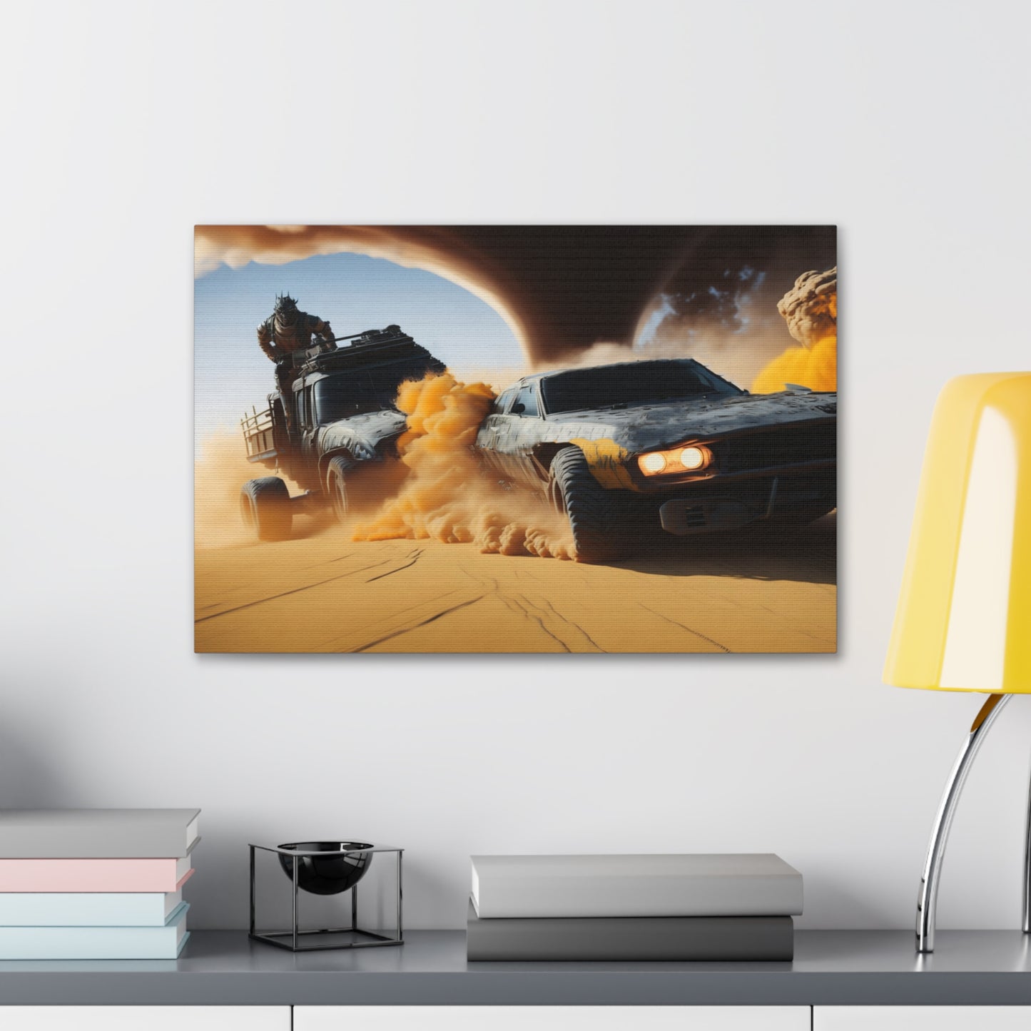 Apocalyptic Desert Chase Canvas Wall Art, Mad Max Style Vehicle Duel with Twister, Bold Living Room Decor, Adventure Seeker Gift