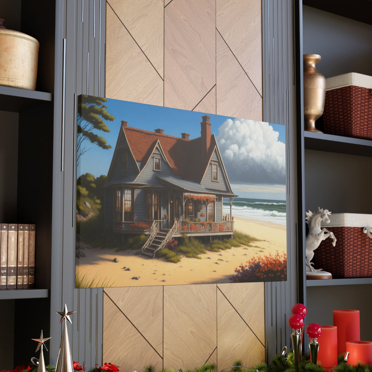 Coastal Retreat: Beach Cottage Canvas Wrap, Idyllic Coastal Landscapes, Serene Ocean Views, and Beachside Escapes, Sand Beaches.