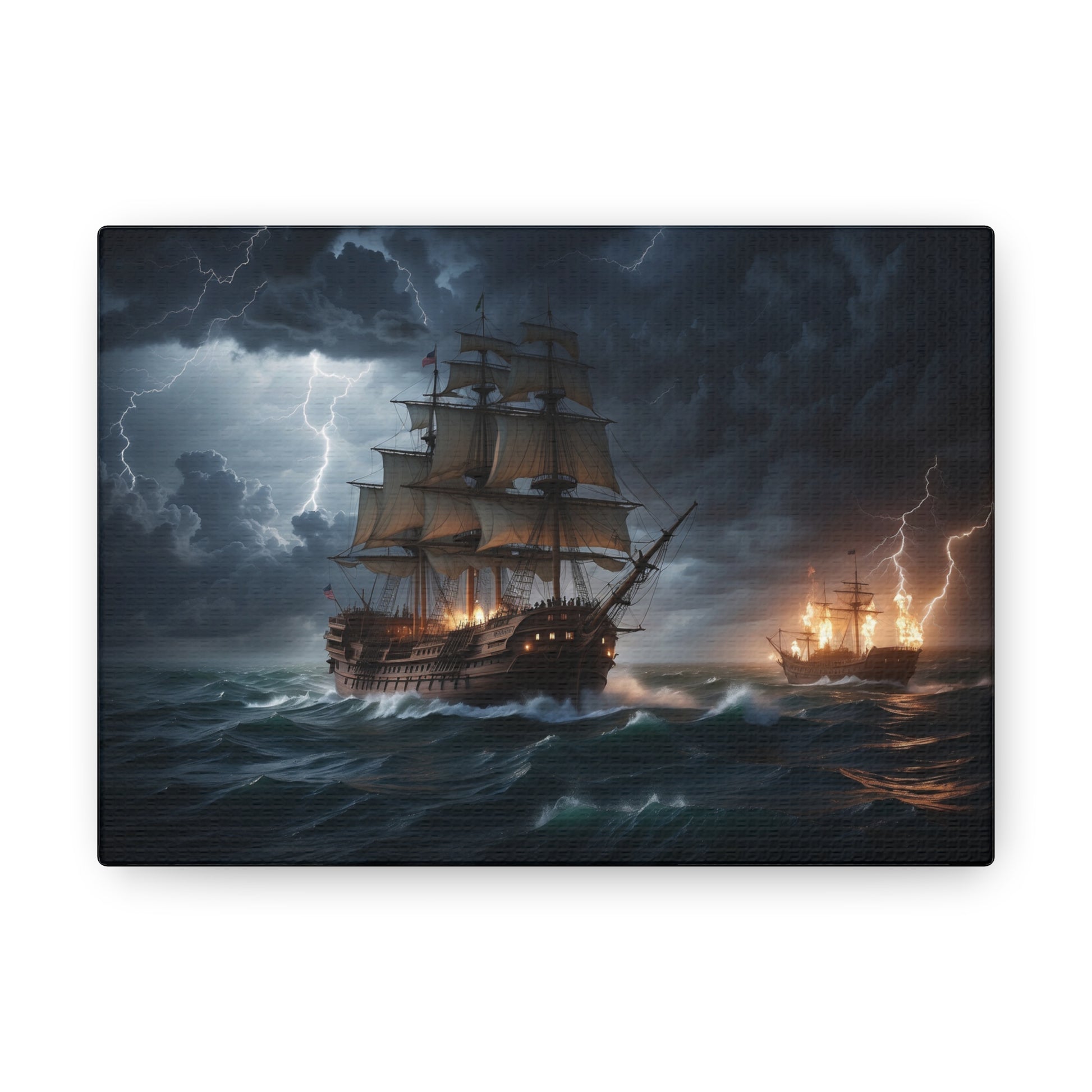 A canvas-wrapped print of a vintage tall ship at sea in battle during a storm. 